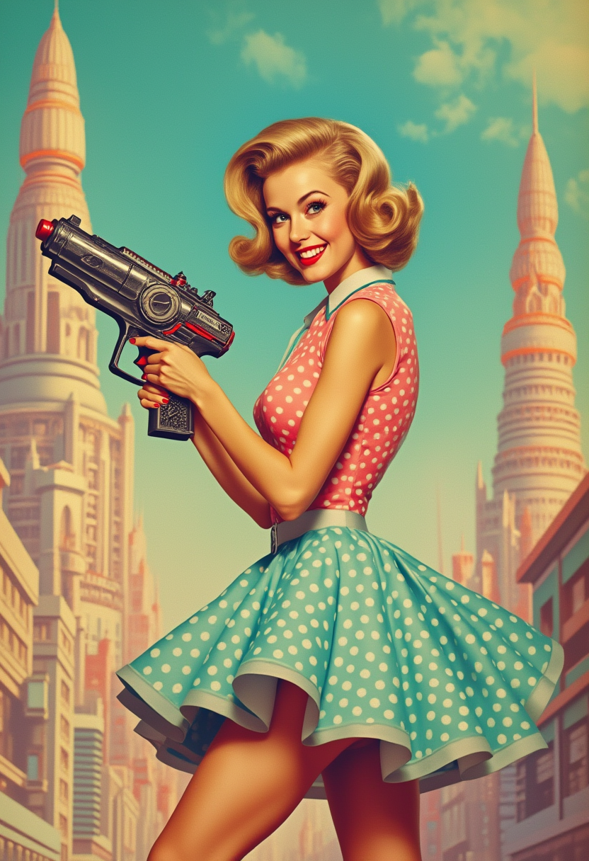A confident 1950s woman holds a futuristic ray gun, dressed in a pastel polka-dot dress with a petticoat and victory roll hairstyle. With a bold smile, she strikes a heroic pose, aiming the sleek, neon-accented ray gun. The retro-futuristic cityscape and pastel sky enhance the adventurous, optimistic mood, capturing the vibrant, comic-book sci-fi style of the era.