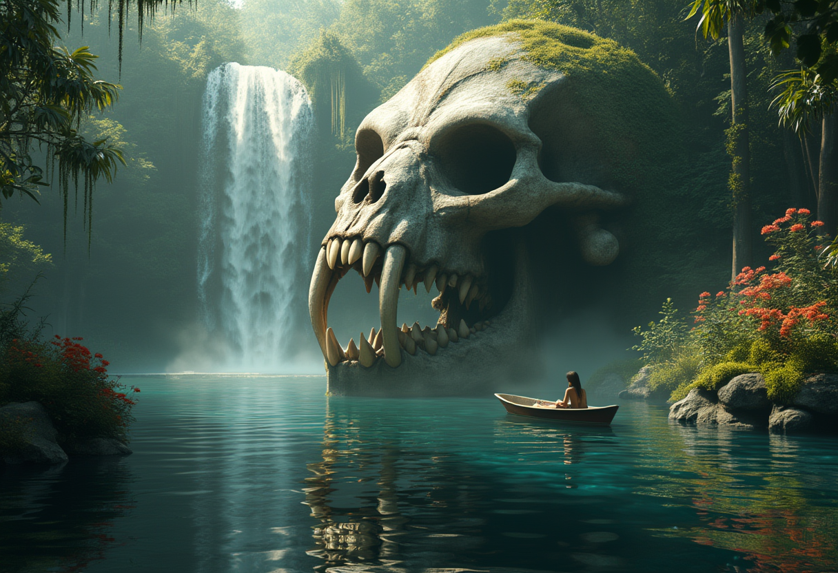 A cinematic scene, a lone person in a boat floats on a calm lake, reflecting a waterfall cascading from/over a massive gorilla ape bone skull with huge fangs. It is surrounded by lush jungle. Sunlight filters through the canopy, illuminating the tranquil waters. Rich textures, vibrant moss, and flowers evoke a serene, otherworldly ambiance in this harmonious blend of nature and fantasy.