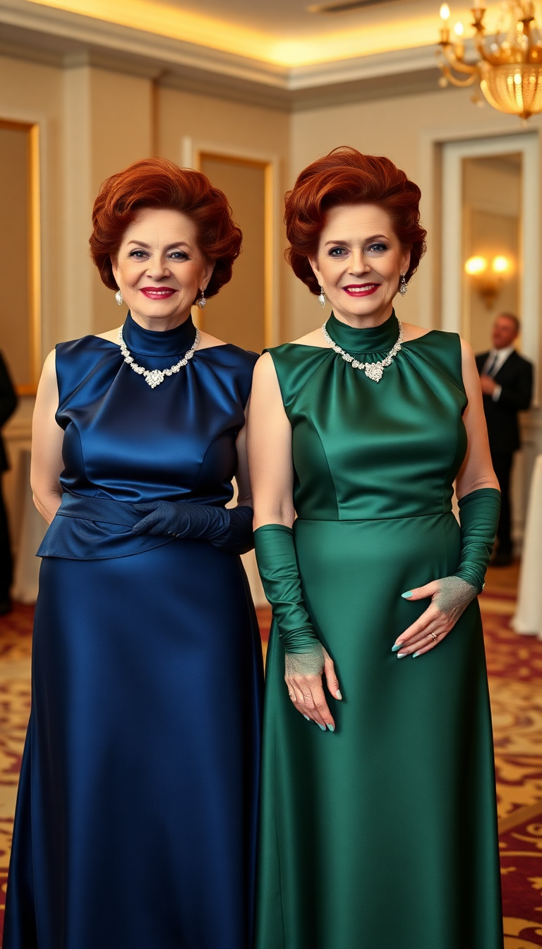 A stunning portrait of two 68-year-old identical twin women standing side by side, exuding timeless elegance. They are dressed in matching high-neck, shiny satin evening gowns, one in a deep, rich dark blue and the other in a luxurious dark green, the fabric catching the light with a subtle sheen. Their attire is complemented by elbow-length gloves in coordinating tones, enhancing their sophisticated appearance. Adorning their necks, ears, and wrists is exquisite jewelry, meticulously chosen to match the color of each gown—sapphire-hued gems for the blue dress and emerald accents for the green. Their dark red hair is styled in an intricate, elegant updo, with delicate curls and twists that frame their faces with grace. The scene is set in an opulent hotel ballroom, featuring grand crystal chandeliers casting a warm golden glow, polished marble floors reflecting the light, and ornate gilded detailing on the walls. The composition focuses on the twins as the central subjects, captured from a slightly low angle to emphasize their commanding presence, with the ballroom's grandeur subtly blurred in the background. The mood is one of refined sophistication and quiet confidence, bathed in soft, ambient evening light that enhances the luxurious textures and colors. Rendered in the style of a high-end fashion photography editorial, with meticulous attention to detail, sharp focus on the subjects, and a cinematic depth of field.
