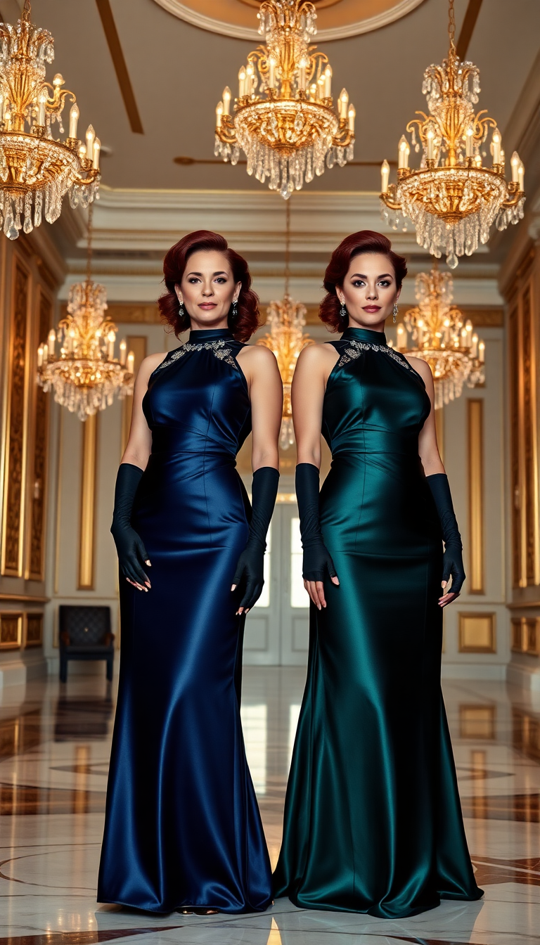 A stunning portrait of two 38-year-old identical twin women standing side by side, exuding timeless elegance. They are dressed in matching high-neck, shiny satin evening gowns, one in a deep, rich dark blue and the other in a luxurious dark green, the fabric catching the light with a subtle sheen. Their attire is complemented by elbow-length gloves in coordinating tones, enhancing their sophisticated appearance. Adorning their necks, ears, and wrists is exquisite jewelry, meticulously chosen to match the color of each gown—sapphire-hued gems for the blue dress and emerald accents for the green. Their dark red hair is styled in an intricate, elegant updo, with delicate curls and twists that frame their faces with grace. The scene is set in an opulent hotel ballroom, featuring grand crystal chandeliers casting a warm golden glow, polished marble floors reflecting the light, and ornate gilded detailing on the walls. The composition focuses on the twins as the central subjects, captured from a slightly low angle to emphasize their commanding presence, with the ballroom's grandeur subtly blurred in the background. The mood is one of refined sophistication and quiet confidence, bathed in soft, ambient evening light that enhances the luxurious textures and colors. Rendered in the style of a high-end fashion photography editorial, with meticulous attention to detail, sharp focus on the subjects, and a cinematic depth of field. They both wear black mink stoles