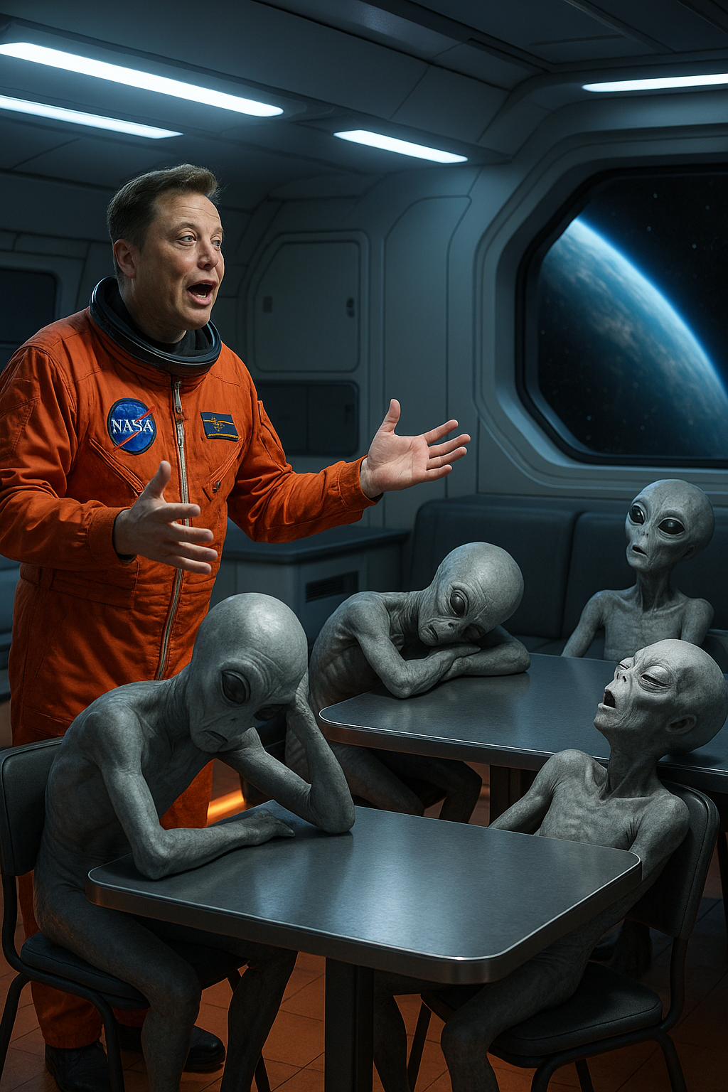 photo-realistic image: Elon Musk onboard futuristic spaceship (dining hall) in nasa flight-suit loudly lecturing/bloviating to seated uninterested/irritated grey aliens with large black eyes in bored poses (hand on forehead/sleeping hunched over on table/sleeping with head back and mouth agape/day dreaming out window at planet). humorous/satirical. cool-white/blue glowing overhead lights. orange floor lights. composition with dramatic lighting.