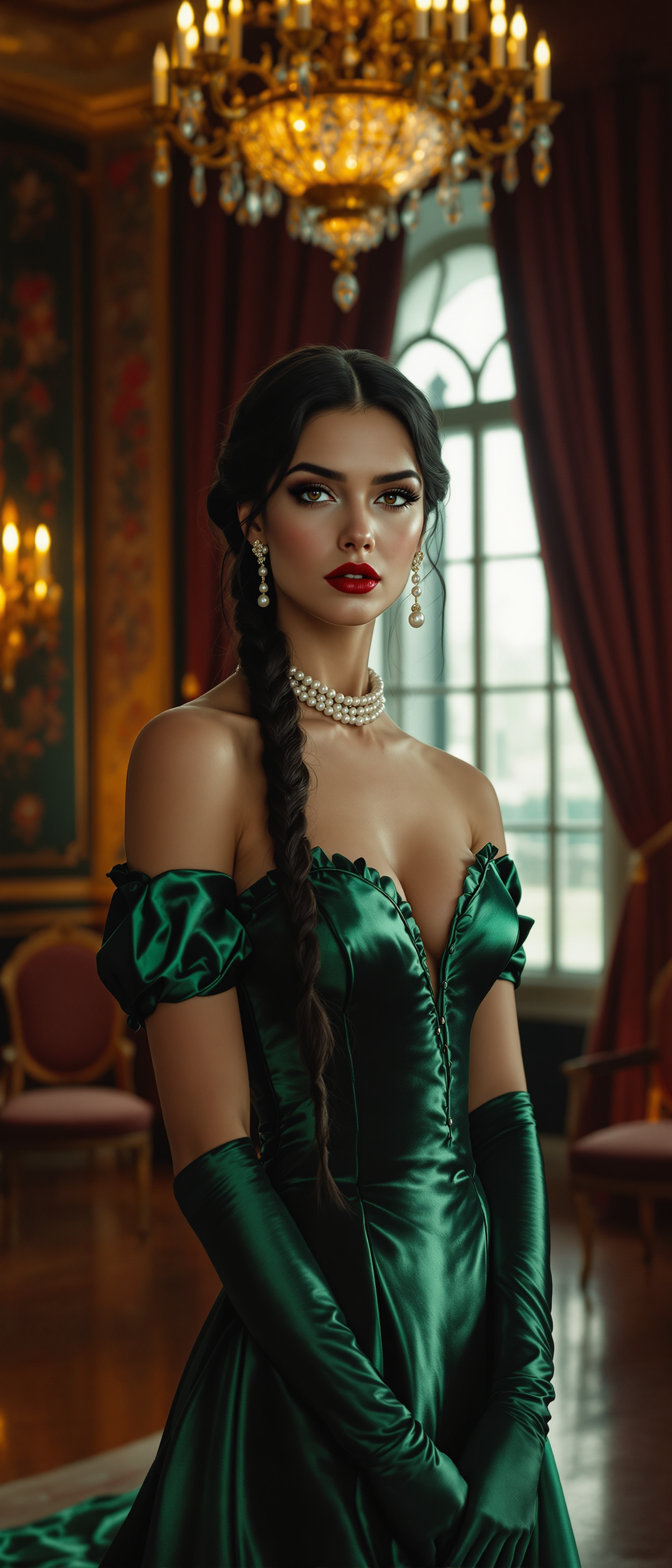 A striking portrait of a tall, 21-year-old brunette woman with her long, dark hair intricately braided into a single plait cascading down her back. Her blood-red lips are pressed into a stern, commanding expression, exuding intensity and poise. Delicate, tiny pearls adorn her neck in a classic choker and dangle elegantly from her ears, catching the light with subtle iridescence. She is dressed in a luxurious, shiny emerald green ballgown, the fabric shimmering with a rich, velvety texture, paired with matching satin elbow-length gloves that gleam under the ambient glow. The scene is set in an opulent Victorian hotel ballroom, featuring ornate golden chandeliers casting warm, soft light, intricate floral wallpaper, and polished mahogany floors reflecting the grandeur. She stands confidently in the center of the composition, framed by towering arched windows draped with heavy velvet curtains in deep burgundy. The camera angle is slightly low, looking up to emphasize her commanding presence and the dramatic height of the room. The mood is elegant and regal, with a timeless, late 19th-century atmosphere, evoking the sophistication of a historical oil painting in the style of John Singer Sargent, with meticulous attention to detail in the textures of the gown and the interplay of light and shadow.