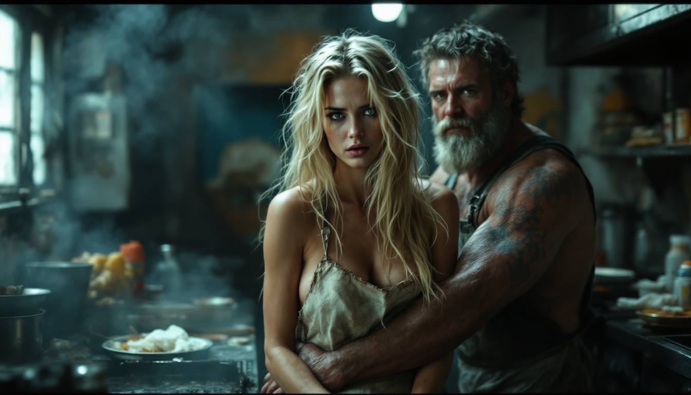 This cinematic 8K shot features a striking half-body shot of a beauty, realistic young woman in her twenties, exuding a haunting beauty reminiscent of a still from holly wood blockbuster film. She is standing by the grill in the dilapidated kitchen of a burger joint. Her very long blonde hair is wildly tousled, as if caught in a ghostly breeze. She is wearing only a dirty, short kitchen apron, the top of which already has some rips, adding to the unpleasant atmosphere of her surroundings. Her skin is glistening with sweat from the heat of the grill. Her expression is one of despair, as if she were trapped in a nightmare. In the background, a dingy, dirty kitchen with piles of garbage and dirty dishes can be seen, with smoke and fumes everywhere. Behind her is a menacing, muscular middle-aged man in dirty overalls, Hugging her tight from behind. The composition captures a dramatic atmosphere, underscored by cinematic lighting that casts deep shadows across the space, highlighting the grim reality of their despair. The use of the ARRI ALEXA 65 camera ensures unprecedented resolution and high dynamic range, creating rich textures and vibrant colors that enhance the overall visual impact and perfectly showcase this eerie shot.