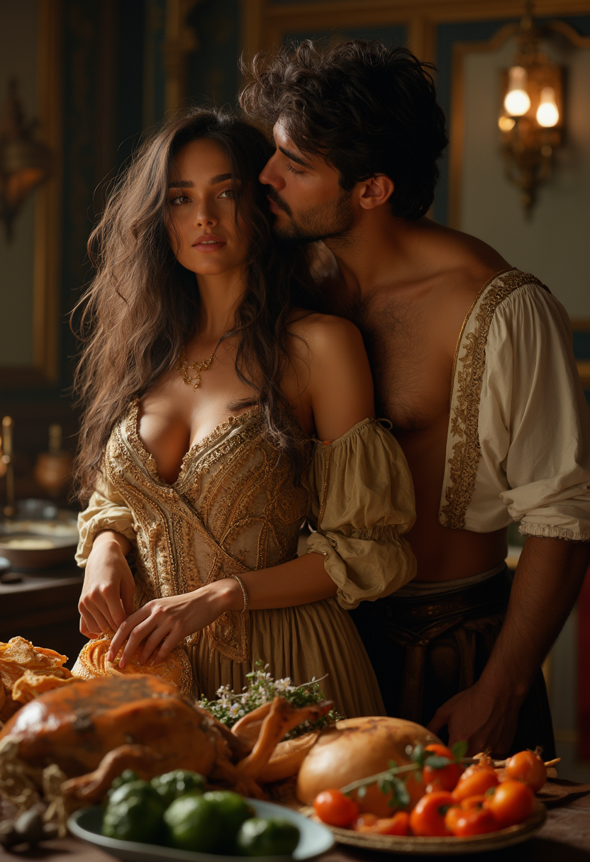 The image is an 8K ultra-realistic half-body shot capturing a curvy Persian courtesan in her mid-20s, set against the backdrop of a lavish French palace kitchen. Her long, tousled hair cascades over her shoulders, framing her face as she poses seductively in historically accurate attire, highlighting her curves and femininity. The soft, warm lighting enhances the intimate atmosphere, casting gentle shadows that accentuate her features and the rich textures of her clothing. Behind her, a young, muscular man with an open, ruffled shirt leans in, kissing her neck and shoulders, creating a sense of intimacy and allure. The rustic wooden table in the foreground is laden with an abundance of food, vibrant ingredients, and hunting spoils, suggesting a bustling kitchen preparing for a grand feast. The composition balances the sensuality of the figures with the rich, detailed environment, drawing the viewer into this opulent scene from the court of the French Sun King.