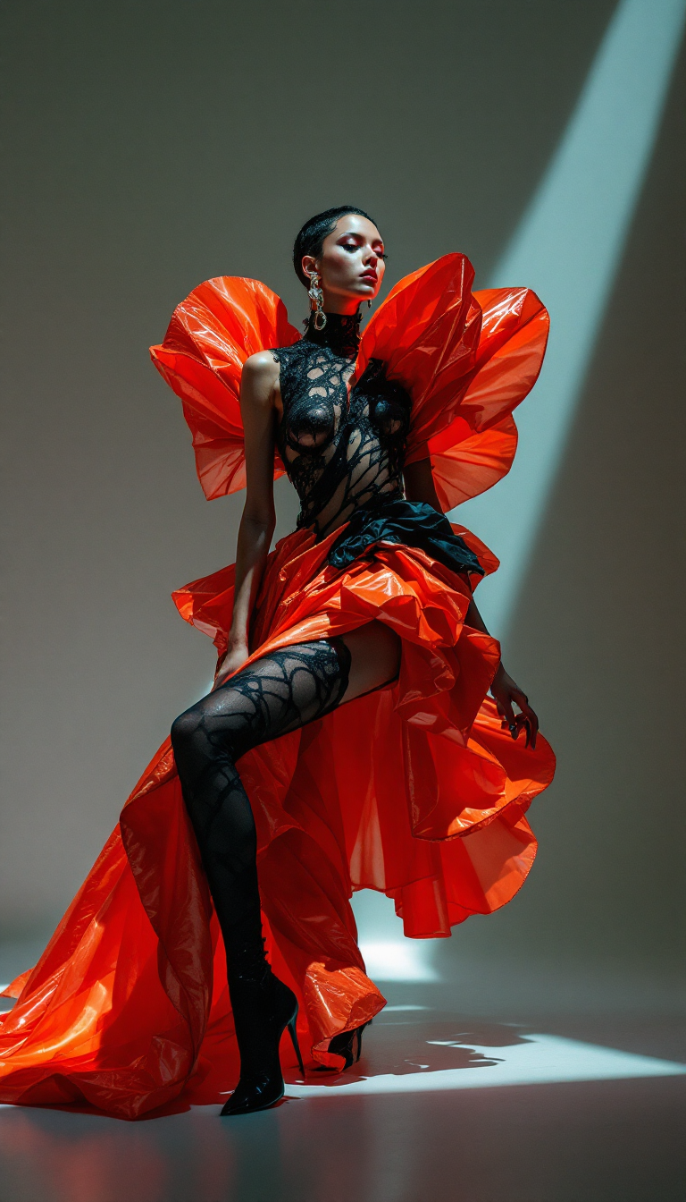 Example: A striking top avant-garde fashion model captured in a high-fashion editorial fo