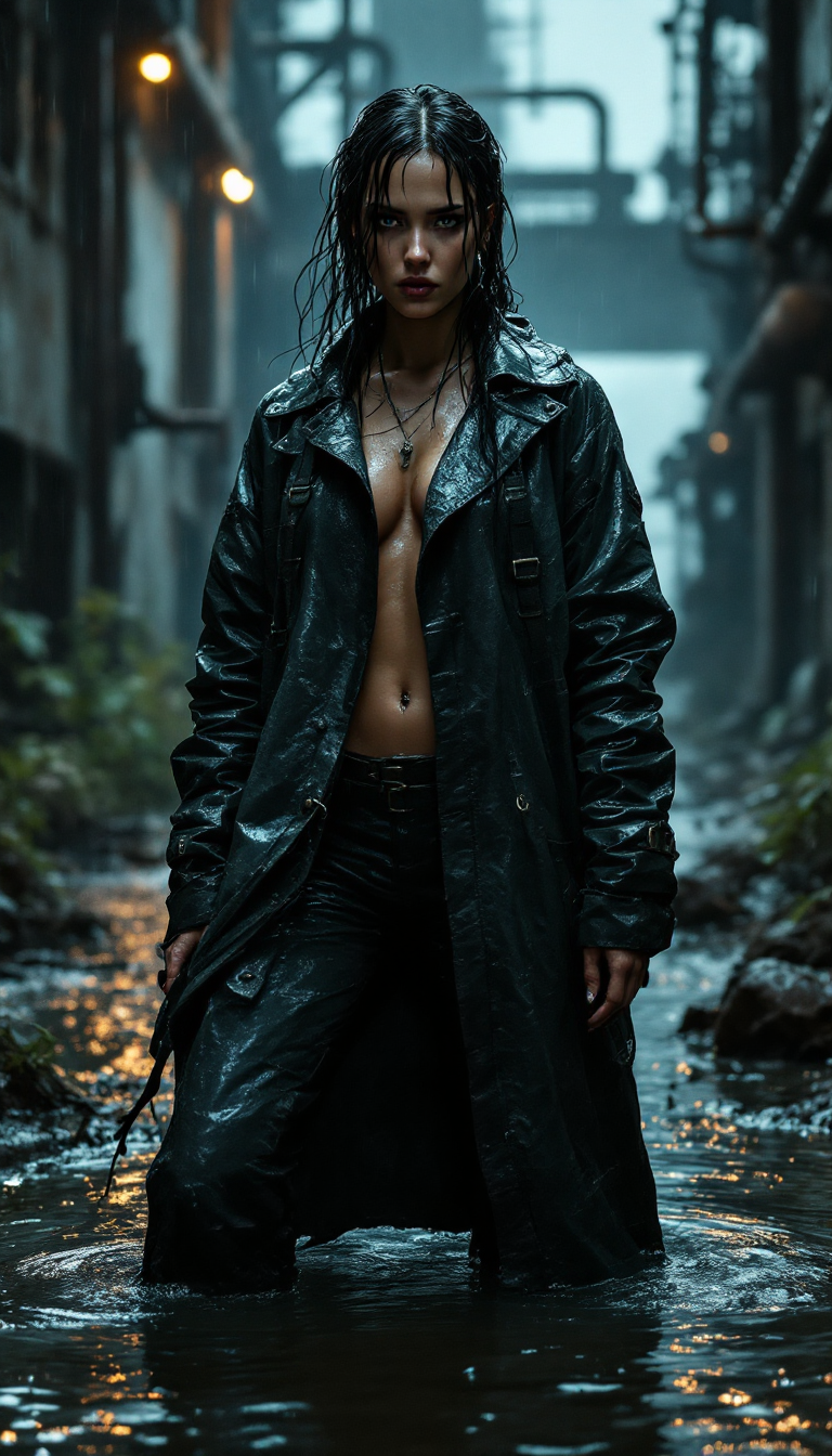 Example: A powerful cinematic still of a striking female survivor in a post-apocalyptic i