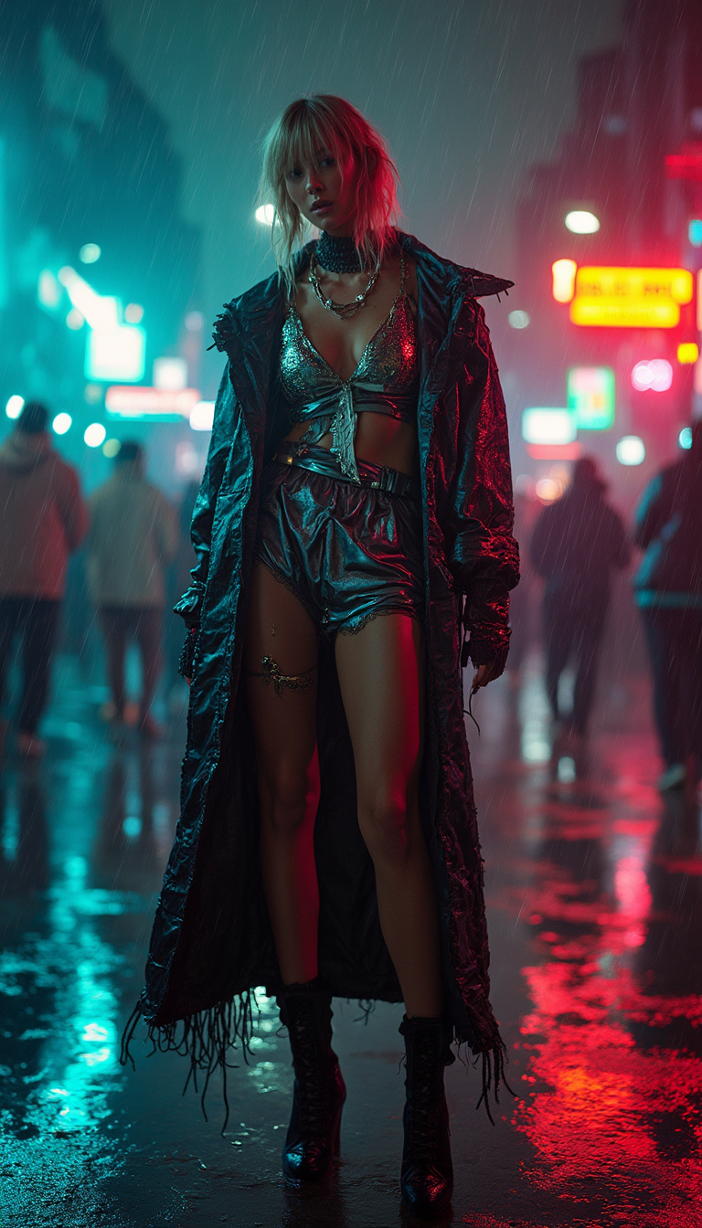  A high-fashion editorial shot of a woman dressed in avant-garde streetwear, blending bold patterns, metallic textures, and futuristic accessories. The background features a rainy midnight street live in a rainy backyard of a music club combining modern fashion trends with street culture in an eye-catching and unconventional way and sexy posing.