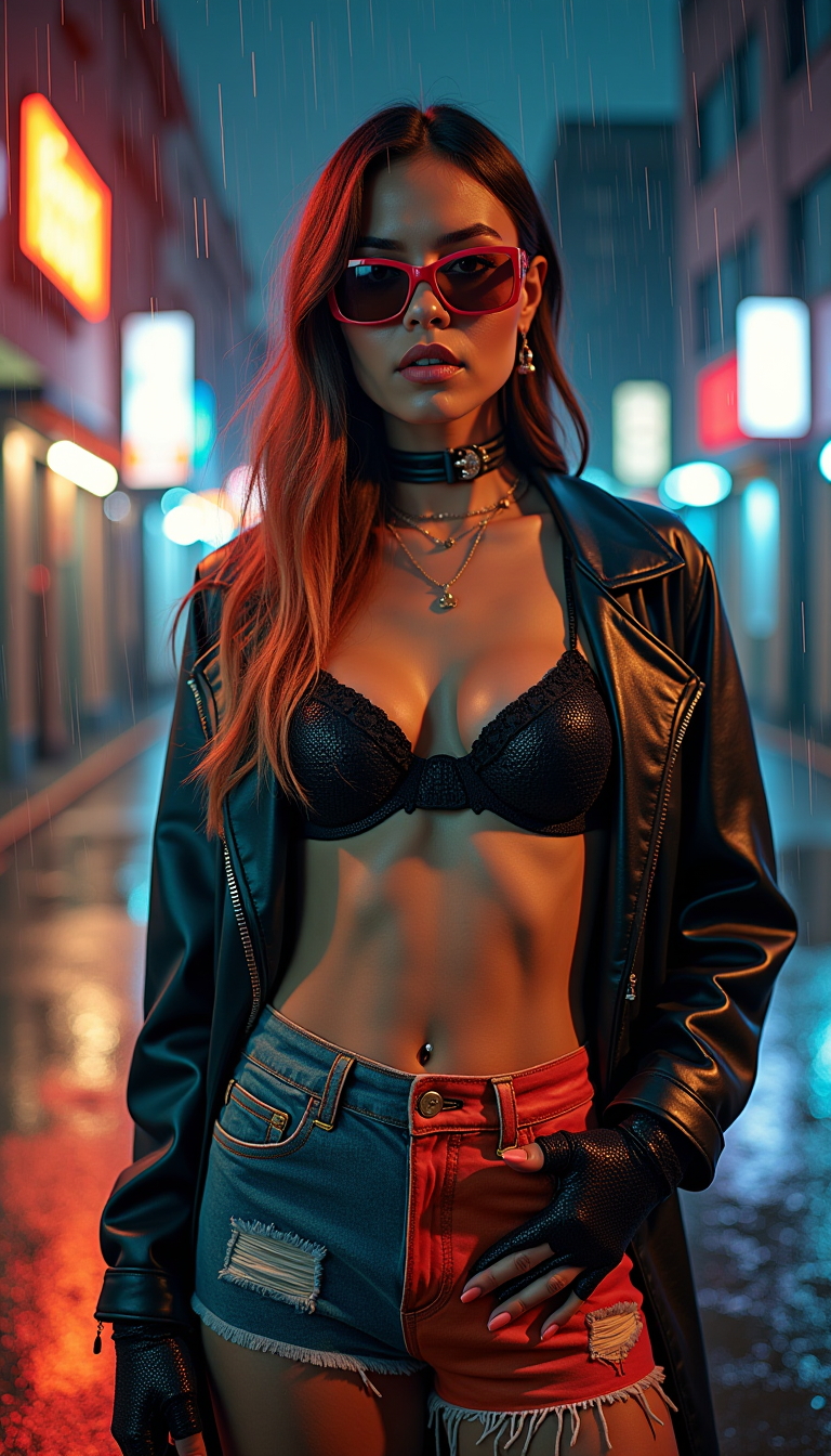 Example: A high-fashion editorial shot of a woman dressed in sexy avant-garde streetwear