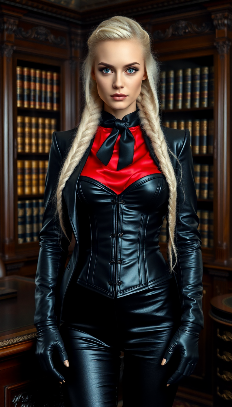 A captivating portrait of a striking mid-20s Nordic woman, standing tall with an air of authority, her long, flowing white hair cascading over her shoulders in a heavy, intricately braided plait that reaches her waist. Her piercing bright blue eyes demand attention, framed by sharp, defined features that exude strength and elegance. She is dressed in a form-fitting, shiny black leather suit that gleams with a polished sheen under soft ambient light, paired with a vibrant red silk blouse beneath a tightly strapped black leather corset and a tailored jacket. A black silk cravat is meticulously tied around her neck, adding a sophisticated, vintage touch to her ensemble. Her long, slim fingers are encased in tight, shiny black latex gloves, catching subtle highlights and reflections with every movement. She stands confidently beside an ornate, dark mahogany desk in a grand, old legal office, the space filled with towering bookshelves of weathered leather-bound tomes, intricate wood carvings, and antique brass accents that speak of timeless prestige. Her imposing presence is heightened by 6-inch black leather heels, their glossy finish mirroring the surrounding elegance. The composition is carefully crafted, captured from a slight low angle to emphasize her towering height and commanding aura, with the desk and office details framing her in a balanced, symmetrical layout that draws the eye to her as the focal point. The mood is refined yet powerful, bathed in warm, golden-hour light streaming through a large arched window, casting soft, dappled shadows across the scene and creating a rich, nostalgic atmosphere with a cinematic depth. The style is inspired by editorial portrait photography, rendered with hyper-realistic textures, dramatic contrast between light and shadow, and meticulous attention to the reflective sheen of leather, latex, and silk, evoking the polished look of a high-end fashion magazine cover.