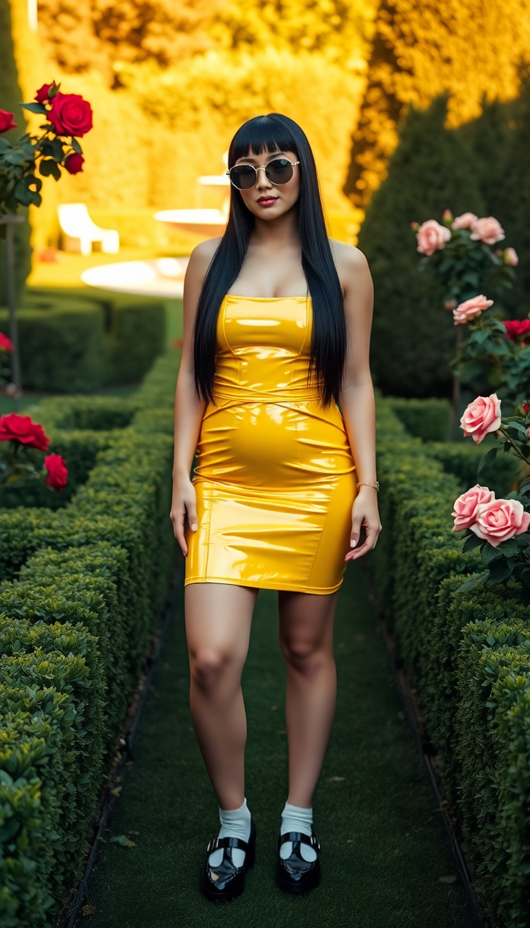 A striking woman with long, sleek black hair styled straight, featuring neat, perfectly trimmed bangs framing her face. She has an ample, curvaceous figure, accentuated by a shiny, form-fitting yellow latex sundress that catches the light with a glossy sheen, hugging her silhouette flawlessly. Her legs are adorned with crisp, knee-high white socks, paired with polished black patent leather Mary Jane shoes that gleam under the sunlight. She wears elegant, round-framed mirror shades, reflecting subtle hints of her surroundings with a cool, mysterious vibe. She stands confidently in an elegant garden, surrounded by meticulously trimmed hedges, vibrant blooming roses in shades of crimson and pink, and lush green foliage. The composition places her centrally, captured from a slightly low angle to emphasize her commanding presence, with the garden's winding paths and a soft fountain in the background adding depth. The lighting is warm and golden, suggestive of a late afternoon, casting gentle shadows and creating a dreamy, serene atmosphere. The style is reminiscent of high-fashion editorial photography, with sharp details, vivid colors, and a cinematic quality, ensuring every texture—from the slick latex to the delicate petals—pops with realism and sophistication.