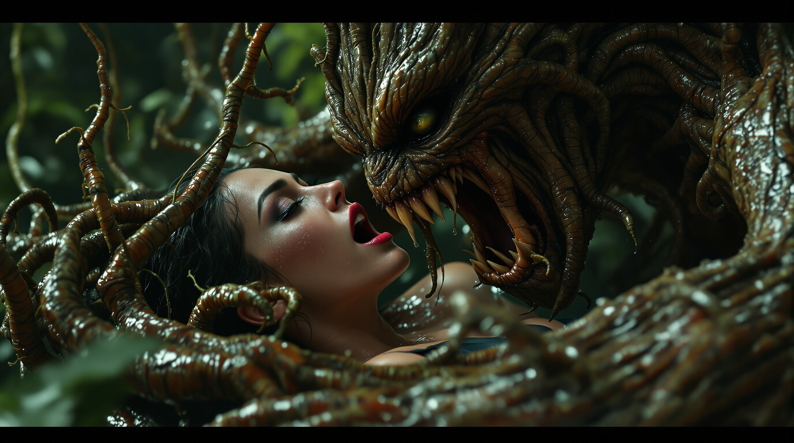 A hyper-realistic, award-winning 8K high-resolution photograph of a dramatic and intense scene featuring a woman entangled with a monstrous tree-like plant creature in a forbidden, primal encounter. The woman, with striking green eyes that are wide with emotion, displays a vivid expression of shock and ecstasy, her face flushed with a deep blush, mouth open in a scream of mixed pain and pleasure. Her body is positioned face down showcasing a curvaceous figure . Her clothes are torn and ripped, hanging in tatters around her frame, emphasizing the raw, untamed nature of the interaction.

The tree-like plant monster, an otherworldly entity with gnarled, bark-covered tendrils, exudes a dark, organic menace. Its massive, , textured with rough bark and pulsating vines, are unnaturally large and imposing, with excessive thick, viscous  slime dripping in abundance. creating a scene of extreme intensity with clear, glistening slime dripping profusely from her

The composition is captured from a side view, framing the woman and the creature in a dynamic, intimate angle that highlights the action and the glistening fluids. The lighting is dramatic, with harsh, natural shadows cast by an eerie forest canopy above, filtering dim, greenish light that enhances the textures of wet skin, slimy tendrils The atmosphere is humid and foreboding, set in a dense, misty jungle at twilight, with faint fog curling around the scene, amplifying the otherworldly, primal mood.

Rendered in photorealistic detail, every element—from the intricate bark textures of the monster to the subtle veins and flushed skin of the woman—is meticulously crafted. The focus is razor-sharp, emphasizing realistic eyes with perfect reflections, wet surfaces, and the excessive, thick fluids that coat the scene. This masterpiece captures a raw, visceral moment of monstrous desire and forbidden ecstasy, blending horror and devotion in a cohesive, breathtaking image.