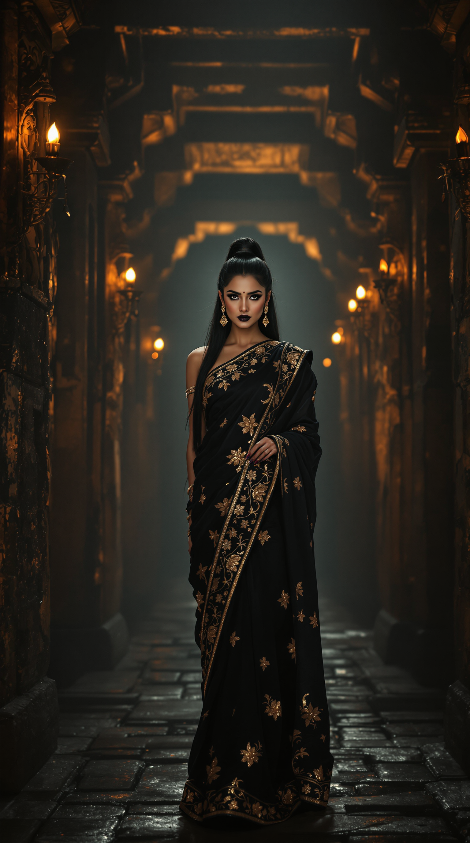 A captivating mid-20s Hindu woman with flawless, radiant skin stands with graceful poise in the dimly lit hallway of an ancient Hindu temple at midnight. Her floor-length, shiny black hair is impeccably straight, styled into a high, sleek ponytail that cascades down her back like a dark, silken waterfall, catching faint glimmers of light. She wears an elegant, shiny latex sari, the fabric shimmering with intricate golden embroidery that dances subtly in the shadows, draped with precision to highlight her confident, statuesque posture. Her dramatic makeup is striking, with smoky, kohl-lined eyes that pierce through the darkness and bold, glossy black lips that gleam under the soft illumination, exuding an enigmatic, mysterious allure. The temple hallway is steeped in deep, velvety shadows, its ancient stone walls adorned with intricate carvings of deities and delicate floral motifs, weathered by time yet rich in detail. The scene is softly lit by the warm, flickering glow of oil lamps, casting golden highlights and long, dramatic shadows across the textured surfaces. The atmosphere is serene yet haunting, with a cool, misty air swirling gently around, carrying the faint, evocative scent of sandalwood incense. The composition centers on the woman as the commanding focal point, positioned in the middle of the frame, captured from a slight low angle to emphasize her powerful presence against the towering, ancient architecture that looms behind her. The image is rendered in a cinematic Bollywood-inspired style, with dramatic contrasts between light and shadow, vibrant yet moody color tones of deep golds, blacks, and earthy browns, and a hyper-realistic attention to texture and detail—from the glossy sheen of her sari to the rough, aged stone of the temple walls. The overall mood evokes a timeless mystique, blending beauty, tradition, and an otherworldly aura, with a focus on high-definition clarity, dynamic lighting, and a meticulously balanced frame.