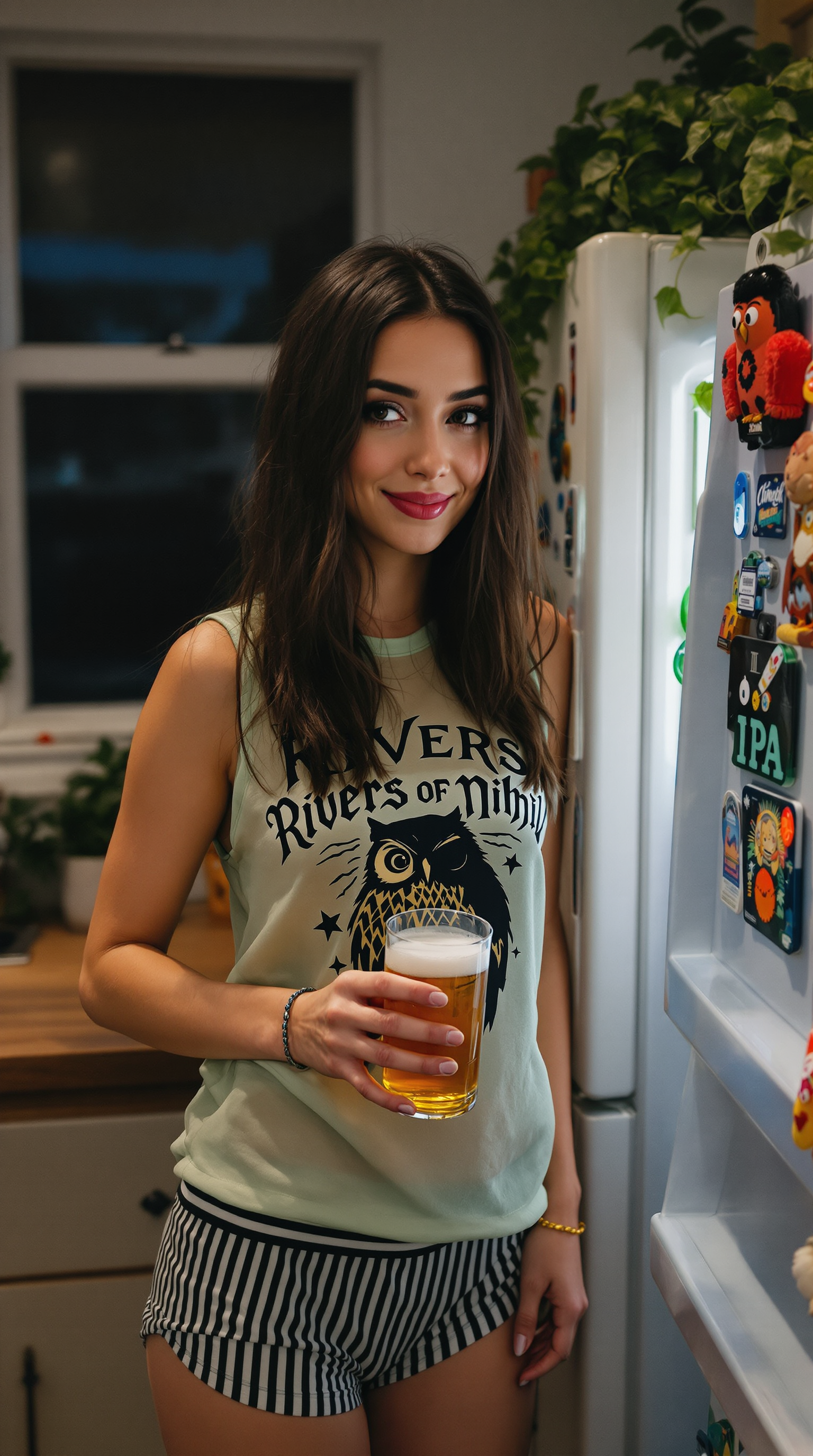 A cinematic photograph of a young, pale Irish woman captured from a side angle at eye level, standing next to an open refrigerator in a cozy, slightly messy kitchen during the evening. Her long, dark hair cascades straight down her back, with a few messy strands draped over her shoulders, featuring soft waves and curls at the ends for a textured, natural appearance. She wears a light mint green sheer sleeveless shirt with a bold graphic design on the front, showcasing the words "Rivers Of Nihil" in a striking, eye-catching font alongside a shadowy owl-like creature, paired with quirky, casual men's striped boxer shorts. A subtle thin bracelet adorns her left wrist, adding a delicate, personal touch. Her makeup is polished, with well-defined eyebrows, subtle eyeshadow, mascara, and lipstick enhancing her delicate features. She poses with a cute, subtle smile, shoulders slightly lifted in a whimsical, playful manner, gazing directly at the camera to convey a sense of happiness and warmth. In one hand, she holds a beer glass, mid-action of pouring an IPA from a decorative can with intricate, detailed labeling, the golden liquid catching the light as it flows. The kitchen background is mildly spacious and lived-in, with windows revealing the deep darkness of night outside, a refrigerator door adorned with colorful, eclectic magnets, and a lush green fern on the counter, adding a touch of warmth and personality without distracting from the subject. The lighting is bright, soft, and even, illuminating her from the front for a flattering, natural glow, enhanced by cinematic techniques with subtle highlights and shadows that add depth and dimension to the scene. The composition centers her as the focal point, naturally framed by the open refrigerator door and surrounding kitchen elements, with a balanced layout that draws the eye to her expressive face and playful pose. The mood is lighthearted and intimate, evoking a sense of casual evening relaxation, captured in a high-quality cinematic photography style with rich, vibrant color tones, razor-sharp details, and a professional shallow depth of field that softly blurs the background while keeping the subject in crisp focus.
