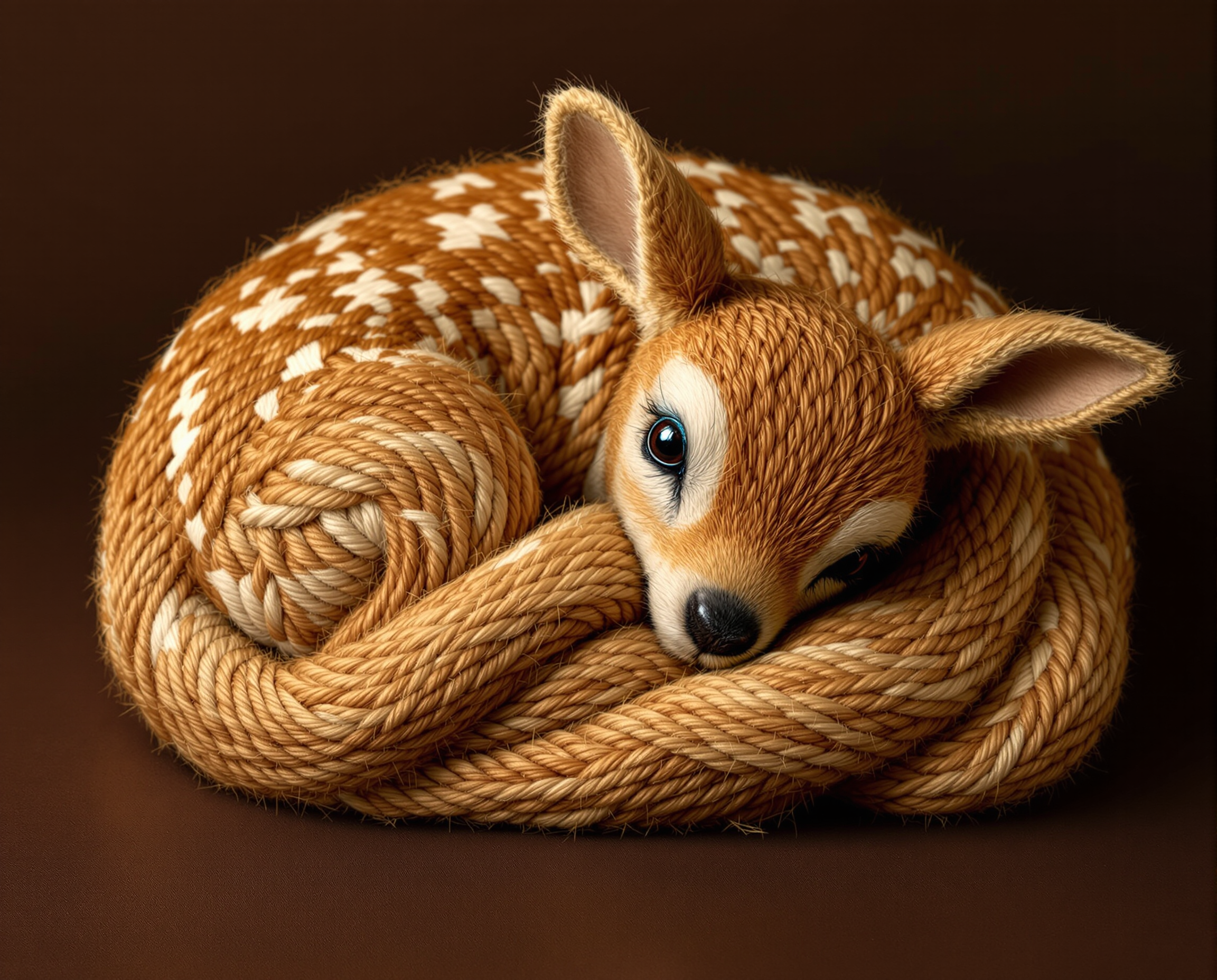 This image features a lifelike representation of a fawn, expertly crafted from a coiled rope or yarn. The art style is realistic, with a focus on texture and form that gives the piece a threedimensional appearance. The medium used is rope or yarn, which is skillfully twisted and shaped to mimic the soft fur and gentle curves of a newborn deer.The colors in the image are warm and earthy, primarily browns and beiges, which are typical of a fawns coat. The rope or yarn has a natural, variegated texture, which adds to the realism of the piece. The fawns eyes are particularly expressive, with a glossy sheen that gives them a lifelike quality. The pupils are dark, and the irises are a soft, clear blue, which is a common trait in many animals.The fawn is curled up in a relaxed, sleeping position, with its head resting on its folded legs. The rope or yarn is expertly manipulated to create the illusion of fur, with individual strands carefully placed to give the appearance of softness and warmth. The texture of the rope or yarn is visible, with the raised loops and twists that are characteristic of the medium.The background of the image is a simple, dark brown surface that fades into a soft, nondescript shadow, ensuring that the focus remains on the fawn. The lighting is soft and diffused, casting gentle shadows and highlights that give the piece depth and dimension.Overall, this image is a testament to the artists skill in creating a lifelike representation of an animal using a nontraditional medium, resulting in a piece that is both beautiful and evocative.