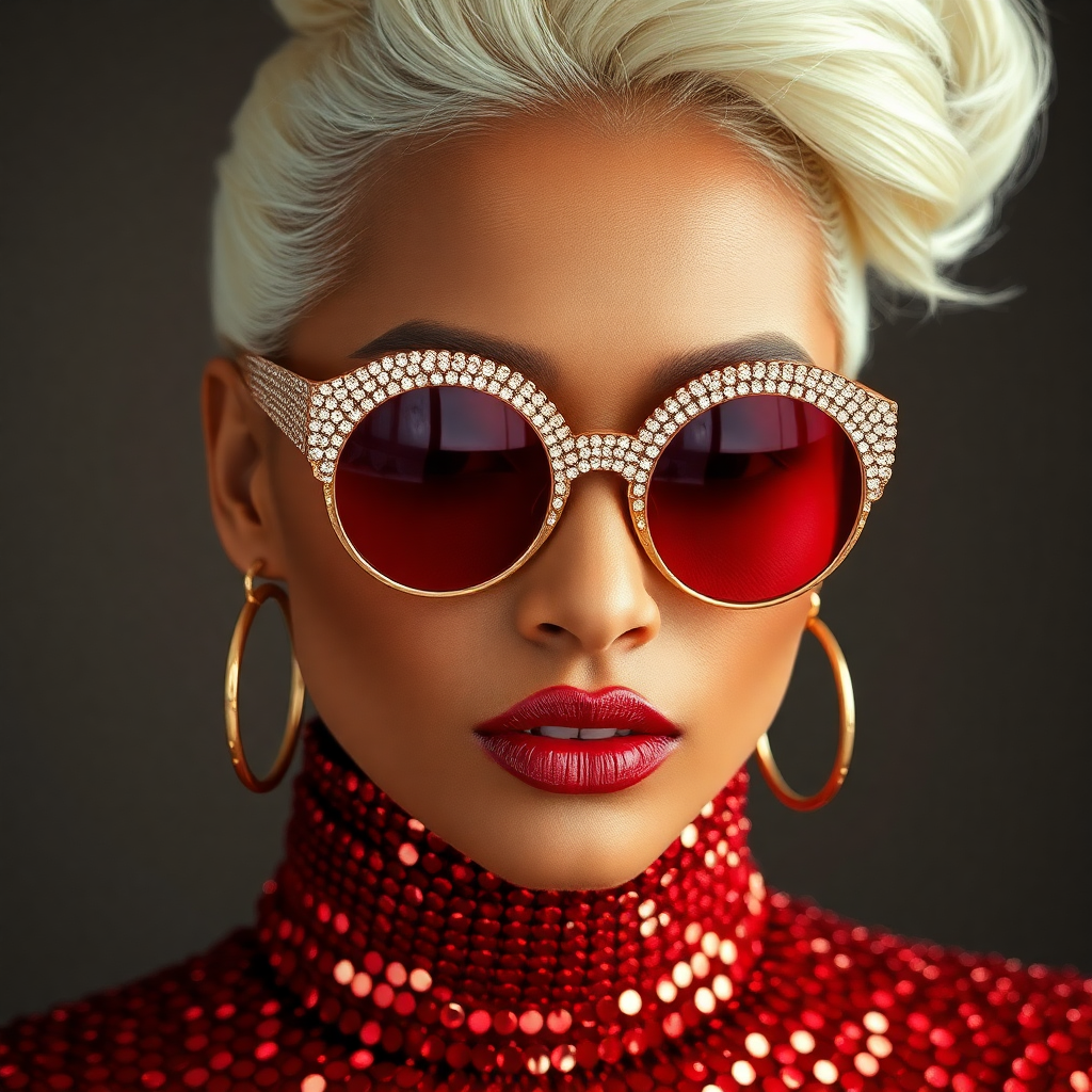 This image is a closeup portrait of a person with a highly stylized and fashionable appearance. The subject is wearing a highneck garment covered in a multitude of small, reflective red sequins, which gives the fabric a shimmering texture. The sequins are densely packed, and the light reflects off them in a way that creates a dazzling effect.The person is also wearing large, round sunglasses with a frame that sparkles with what appears to be crystals or rhinestones, which are set in a gold or rose gold metal. The lenses of the sunglasses are tinted a deep red, which matches the sequins on the garment and the earrings.The earrings are hoop earrings with a metallic finish, likely gold or silver, and they are large enough to be noticeable. They complement the overall opulence of the outfit and accessories.The hair of the subject is styled in a high, sculpted bun on the top of the head, with strands carefully arranged to give the appearance of a voluminous, sculpted hairstyle. The hair color is a platinum blonde, which is a stark contrast to the warm tones of the outfit and accessories.The art style of the image is highly stylized and glamorous, with a focus on fashion and luxury. The lighting is dramatic and highlights the textures and colors of the subjects clothing and accessories, giving the image a polished and professional look.The medium of the image is likely digital photography, given the high quality and sharpness of the details, as well as the even lighting and color saturation. The image has a highresolution and appears to be professionally retouched, with attention to detail in the skin texture, hair, and clothing.Overall, the image exudes a sense of luxury, fashion, and glamour, with a focus on the subjects accessories and hairstyle, set against a nondescript background that ensures all attention is on the subjects appearance.