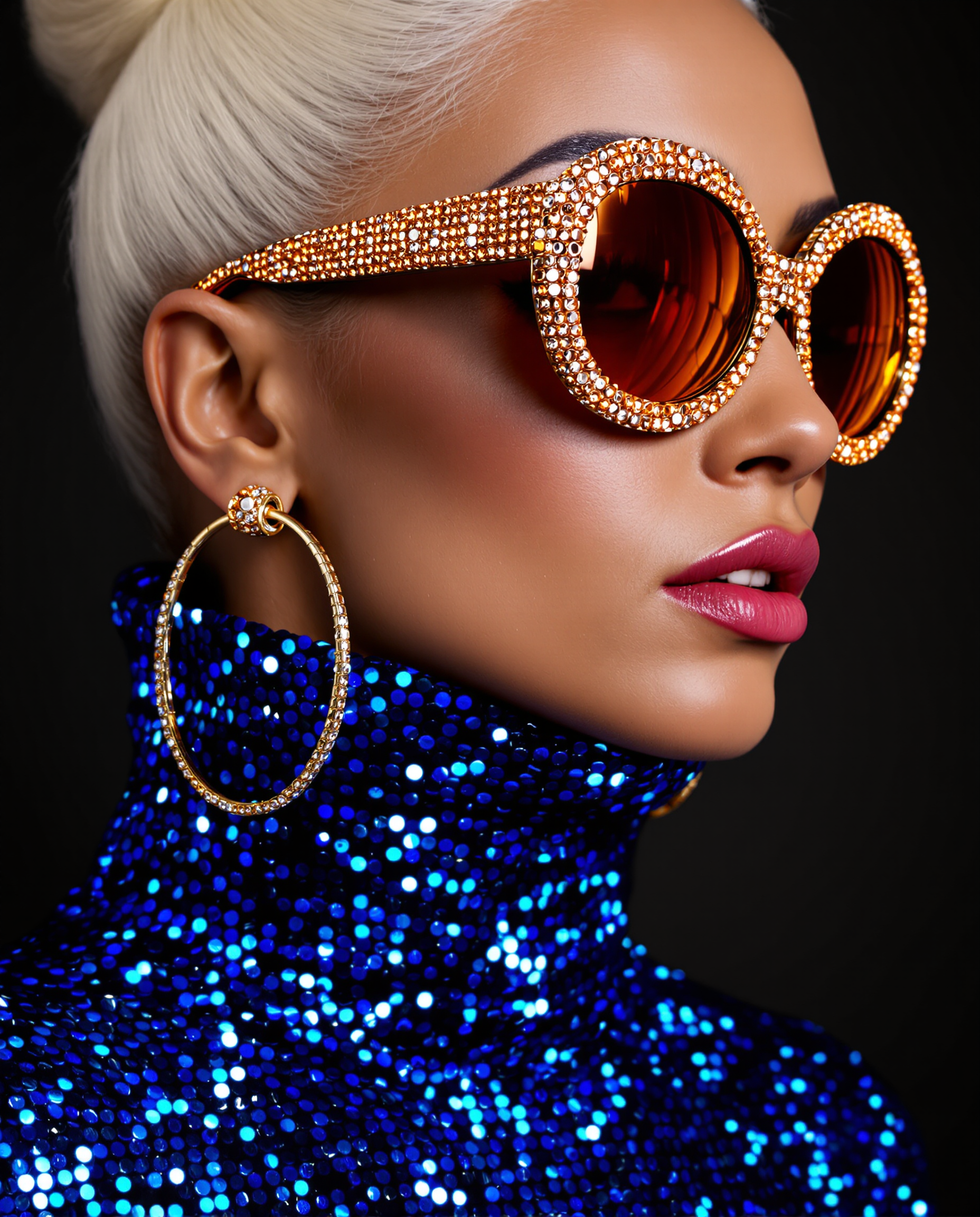 This image is a closeup portrait of a person with a highly stylized and fashionable appearance. The subject is wearing a highneck garment covered in a multitude of small, reflective blue sequins, which gives the fabric a shimmering texture. The sequins are densely packed, and the light reflects off them in a way that creates a dazzling effect.The person is also wearing large, round sunglasses with a frame that sparkles with what appears to be crystals or rhinestones, which are set in a gold or rose gold metal. The lenses of the sunglasses are tinted a deep gold, which matches the sequins on the garment and the earrings.The earrings are hoop earrings with a metallic finish, likely gold or silver, and they are large enough to be noticeable. They complement the overall opulence of the outfit and accessories.The hair of the subject is styled in a high, sculpted bun on the top of the head, with strands carefully arranged to give the appearance of a voluminous, sculpted hairstyle. The hair color is a platinum blonde, which is a stark contrast to the warm tones of the outfit and accessories.The art style of the image is highly stylized and glamorous, with a focus on fashion and luxury. The lighting is dramatic and highlights the textures and colors of the subjects clothing and accessories, giving the image a polished and professional look.The medium of the image is likely digital photography, given the high quality and sharpness of the details, as well as the even lighting and color saturation. The image has a high resolution and appears to be professionally retouched, with attention to detail in the skin texture, hair, and clothing.Overall, the image exudes a sense of luxury, fashion, and glamour, with a focus on the subjects accessories and hairstyle, set against a nondescript background that ensures all attention is on the subjects appearance.
