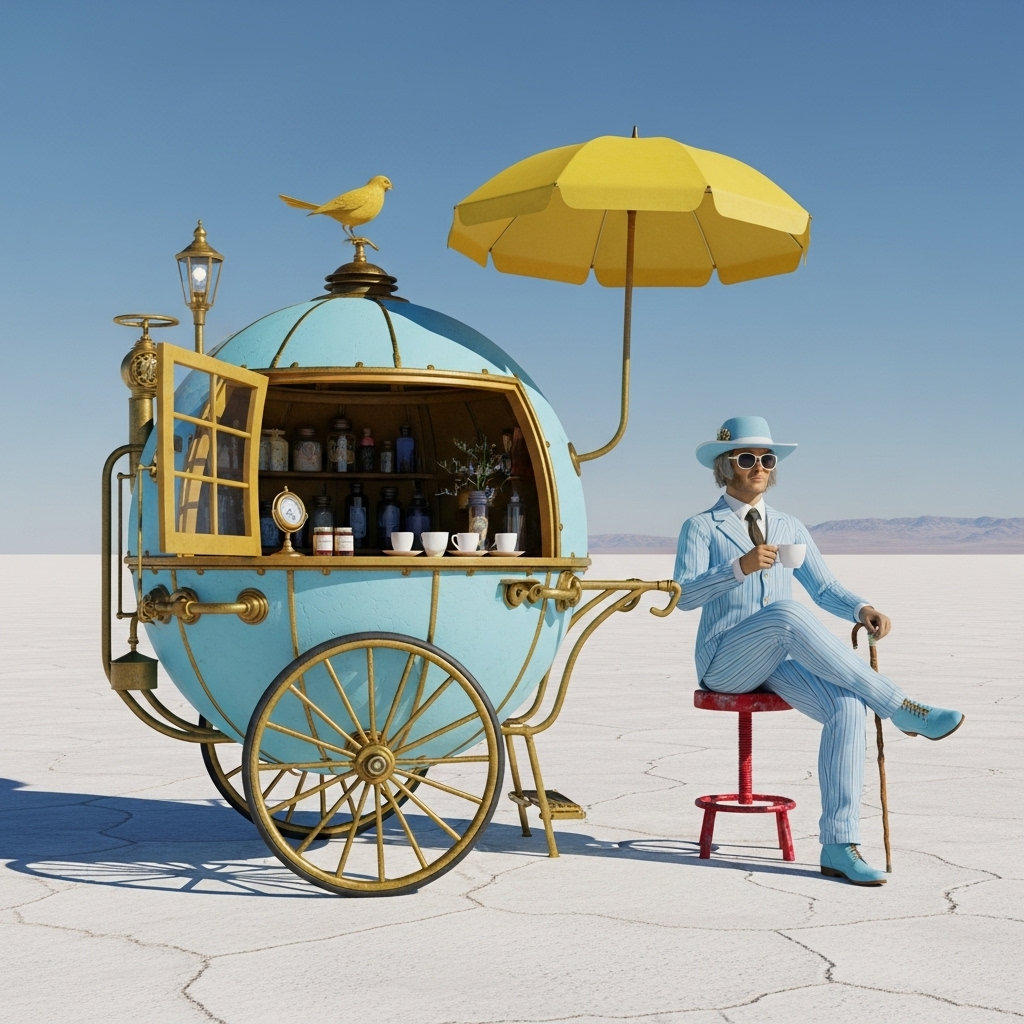 This image is a digital artwork that exudes a whimsical and fantastical vibe. The art style is reminiscent of surrealism, with a touch of steampunk, as evidenced by the mechanical and vintage elements combined with fantastical elements. The medium appears to be 3D rendering, given the smooth surfaces and the way light interacts with the objects.The colors in the image are bright and bold, with a predominance of yellows and blues. The yellow hue is warm and sunny, while the blue is cool and tranquil. This contrast creates a dynamic and eyecatching composition. The objects in the image are as follows1. A light blue spherical cart with a vintage design, reminiscent of a gypsy wagon. It has a large, spoked wheel and is adorned with various mechanical parts, such as gears, levers, and pipes. The cart has a window on the side, revealing shelves filled with jars and bottles, possibly containing potions or other magical items.2. A bird perched on top of the cart, adding to the fantastical feel of the scene.3. A parasol attached to the cart, providing shade and a touch of elegance.4. A figure dressed in a light blue pinstripe suit, complete with a matching hat, sunglasses, and boots. The figure is seated on a small, red stool, holding a cup in one hand and a cane in the other. The figures pose is relaxed and contemplative, as if taking a moment to enjoy the view or perhaps waiting for a customer.5. The background is a vast, flat landscape under a clear blue sky, suggesting a desert or salt flat. The horizon is faintly visible, giving the impression of an endless expanse.Overall, the image is a playful and imaginative depiction of a fantastical world where the ordinary blends seamlessly with the magical. The use of color, lighting, and composition creates a mood of whimsy and wonder, inviting the viewer to step into this vibrant and surreal world.