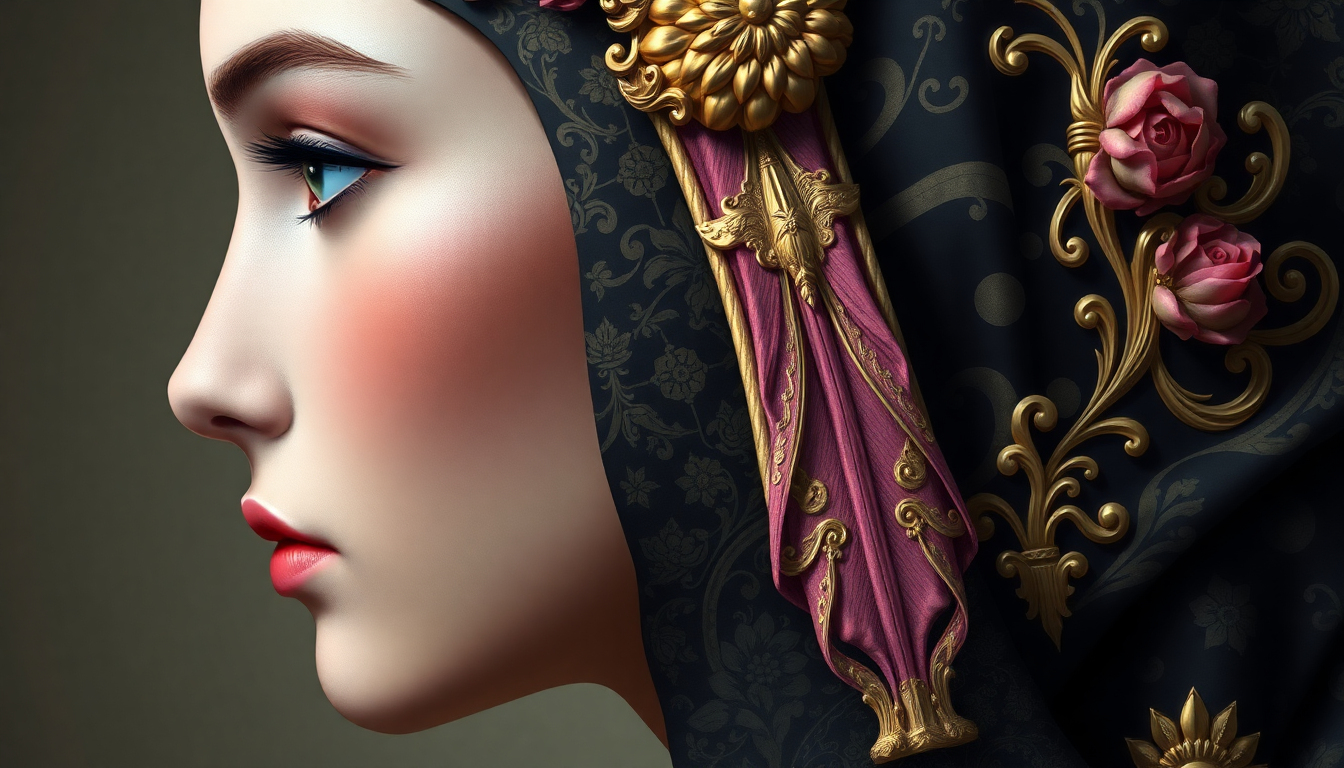 This image is a closeup and detailed depiction of a figures profile, adorned with an elaborate and intricate headdress. The art style is reminiscent of a blend of classical and futuristic elements, with a strong emphasis on ornate detailing and a rich, opulent color palette.The medium appears to be a digital painting, given the smooth gradients and seamless blending of colors. The figures skin is rendered with a high degree of realism, featuring subtle blushes and a soft, natural texture.The headdress is the focal point of the image, and it is a masterpiece of craftsmanship. It is predominantly black with gold and pink accents, creating a striking contrast. The black background of the headdress is adorned with a complex array of patterns, including floral motifs and geometric shapes. These patterns are meticulously designed with precision, and they are highlighted by the gold detailing.The gold elements are intricate and ornate, featuring swirls, spirals, and floral designs that are reminiscent of baroque artistry. They are applied in a way that gives the impression of depth and threedimensionality, making the headdress appear as if it could be tangible.Pink accents are scattered throughout the headdress, primarily in the form of small, delicate flowers and leaves. These elements add a touch of femininity and softness to the otherwise bold and imposing design.The headdress also features a series of golden chains that drape elegantly down the figures neck. These chains are adorned with small, spherical pendants that catch the light, adding a dynamic element to the otherwise static design.Overall, the image exudes a sense of grandeur, luxury, and mystery. The figures serene expression and the closed eyes add to the enigmatic quality of the piece, inviting the viewer to ponder the story behind this opulent and ornate headdress.