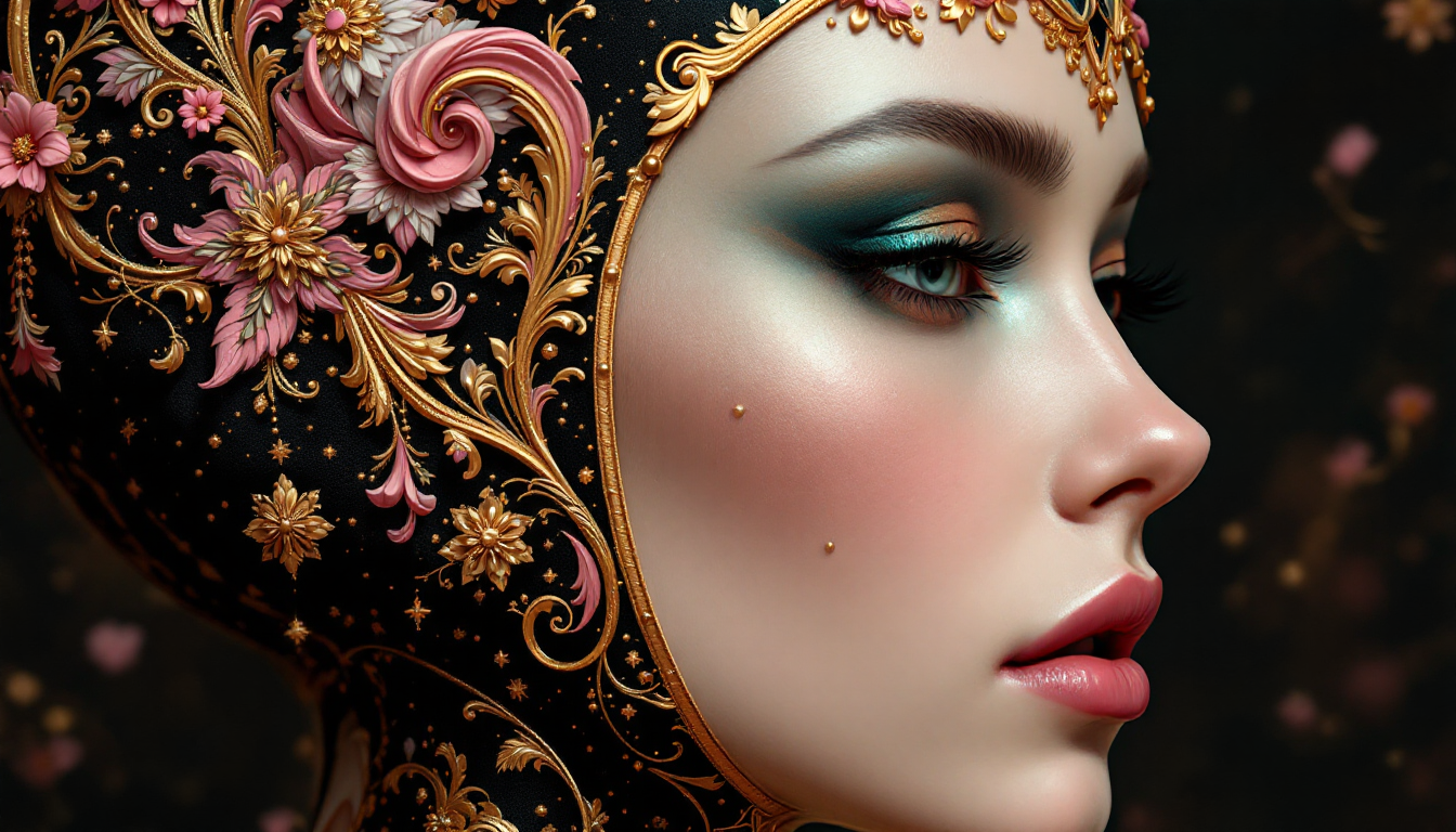 This image is a closeup and detailed depiction of a figures profile, adorned with an elaborate and intricate headdress. The art style is reminiscent of a blend of classical and futuristic elements, with a strong emphasis on ornate detailing and a rich, opulent color palette.The medium appears to be a digital painting, given the smooth gradients and seamless blending of colors. The figures skin is rendered with a high degree of realism, featuring subtle blushes and a soft, natural texture.The headdress is the focal point of the image, and it is a masterpiece of craftsmanship. It is predominantly black with gold and pink accents, creating a striking contrast. The black background of the headdress is adorned with a complex array of patterns, including floral motifs and geometric shapes. These patterns are meticulously designed with precision, and they are highlighted by the gold detailing.The gold elements are intricate and ornate, featuring swirls, spirals, and floral designs that are reminiscent of baroque artistry. They are applied in a way that gives the impression of depth and threedimensionality, making the headdress appear as if it could be tangible.Pink accents are scattered throughout the headdress, primarily in the form of small, delicate flowers and leaves. These elements add a touch of femininity and softness to the otherwise bold and imposing design.The headdress also features a series of golden chains that drape elegantly down the figures neck. These chains are adorned with small, spherical pendants that catch the light, adding a dynamic element to the otherwise static design.Overall, the image exudes a sense of grandeur, luxury, and mystery. The figures serene expression and the closed eyes add to the enigmatic quality of the piece, inviting the viewer to ponder the story behind this opulent and ornate headdress.