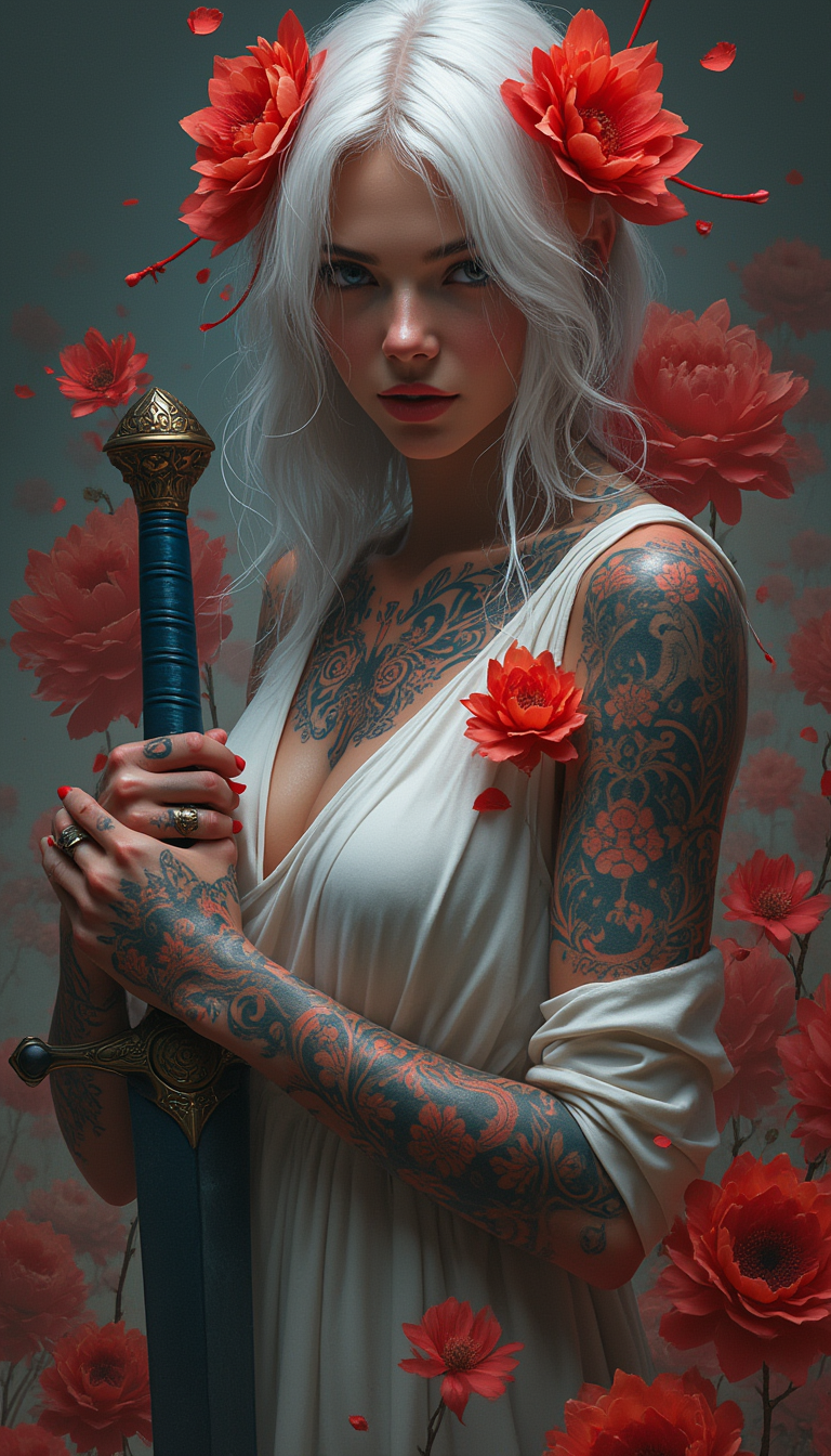 This is an image that exudes a sense of fantasy and mystique, with a strong emphasis on the interplay between the subject and the surrounding environment. The art style is reminiscent of digital painting, with a high level of detail and a cinematic quality that suggests it could be a concept art piece for a video game or a movie.The medium appears to be digital painting, as evidenced by the smooth blending of colors and the lack of texture that one might find in traditional painting mediums. The use of lighting and shadow is masterful, creating a sense of depth and dimension that brings the subject to life.The colors in the image are rich and vibrant, with a predominance of reds and oranges that stand out against the darker background. The reds are particularly striking, with a variety of shades from deep crimson to bright scarlet, creating a sense of passion and intensity. The contrast between the warm reds and the cool blues and grays of the subjects clothing and the background adds to the dramatic effect of the image.The subject of the image is a female figure with white hair, adorned with red flowers in her hair, which echo the reds in the background. Her tattoos are intricate and cover much of her body, with a mix of floral and geometric patterns. She is wearing a white garment with a high neckline, which is partially obscured by the tattoos and the red flowers. Her hands are tattooed as well, and she is holding a sword with a blue and red hilt, which stands out against the darker tones of the swords blade.The background is filled with red flowers, which seem to be floating around the subject, adding to the ethereal quality of the image. The flowers are depicted with a high level of detail, with petals that appear soft and translucent, and shadows that give them a threedimensional form.Overall, the image is a powerful and evocative piece of art that captures the viewers attention with its striking color contrasts, intricate details, and the mysterious aura that surrounds the subject.