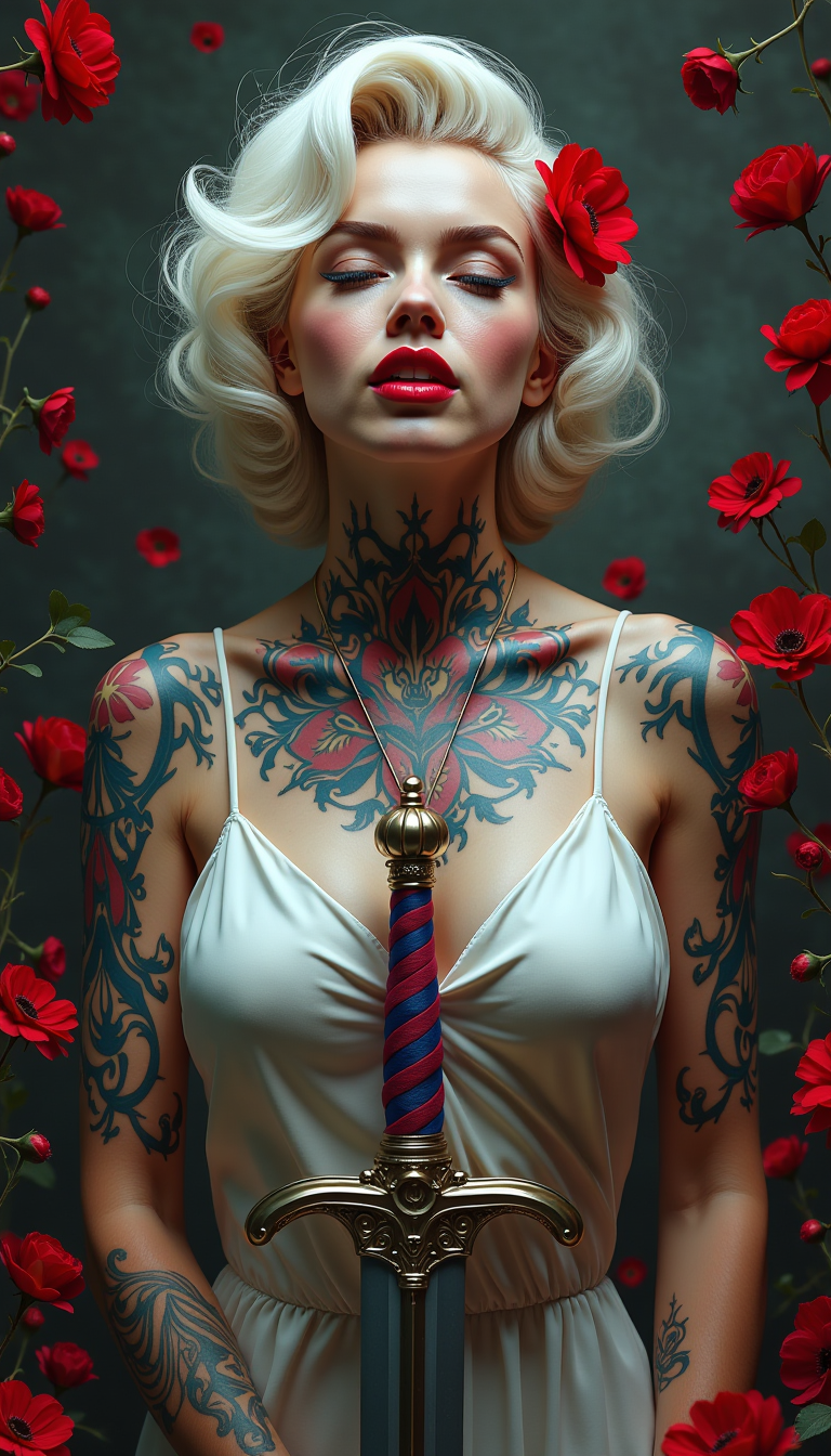 A portrait photo of a photo of Marilyn Monroe,this is an image that exudes a sense of fantasy and mystique, with a strong emphasis on the interplay between the subject and the surrounding environment. The art style is reminiscent of digital painting, with a high level of detail and a cinematic quality that suggests it could be a concept art piece for a video game or a movie.The medium appears to be digital painting, as evidenced by the smooth blending of colors and the lack of texture that one might find in traditional painting mediums. The use of lighting and shadow is masterful, creating a sense of depth and dimension that brings the subject to life.The colors in the image are rich and vibrant, with a predominance of reds and oranges that stand out against the darker background. The reds are particularly striking, with a variety of shades from deep crimson to bright scarlet, creating a sense of passion and intensity. The contrast between the warm reds and the cool blues and grays of the subjects clothing and the background adds to the dramatic effect of the image.The subject of the image is a female figure with white hair, adorned with red flowers in her hair, which echo the reds in the background. Her tattoos are intricate and cover much of her body, with a mix of floral and geometric patterns. She is wearing a white garment with a high neckline, which is partially obscured by the tattoos and the red flowers. Her hands are tattooed as well, and she is holding a sword with a blue and red hilt, which stands out against the darker tones of the swords blade.The background is filled with red flowers, which seem to be floating around the subject, adding to the ethereal quality of the image. The flowers are depicted with a high level of detail, with petals that appear soft and translucent, and shadows that give them a threedimensional form.Overall, the image is a powerful and evocative piece of art that captures the viewers attention with its striking color contrasts, intricate details, and the mysterious aura that surrounds the subject.