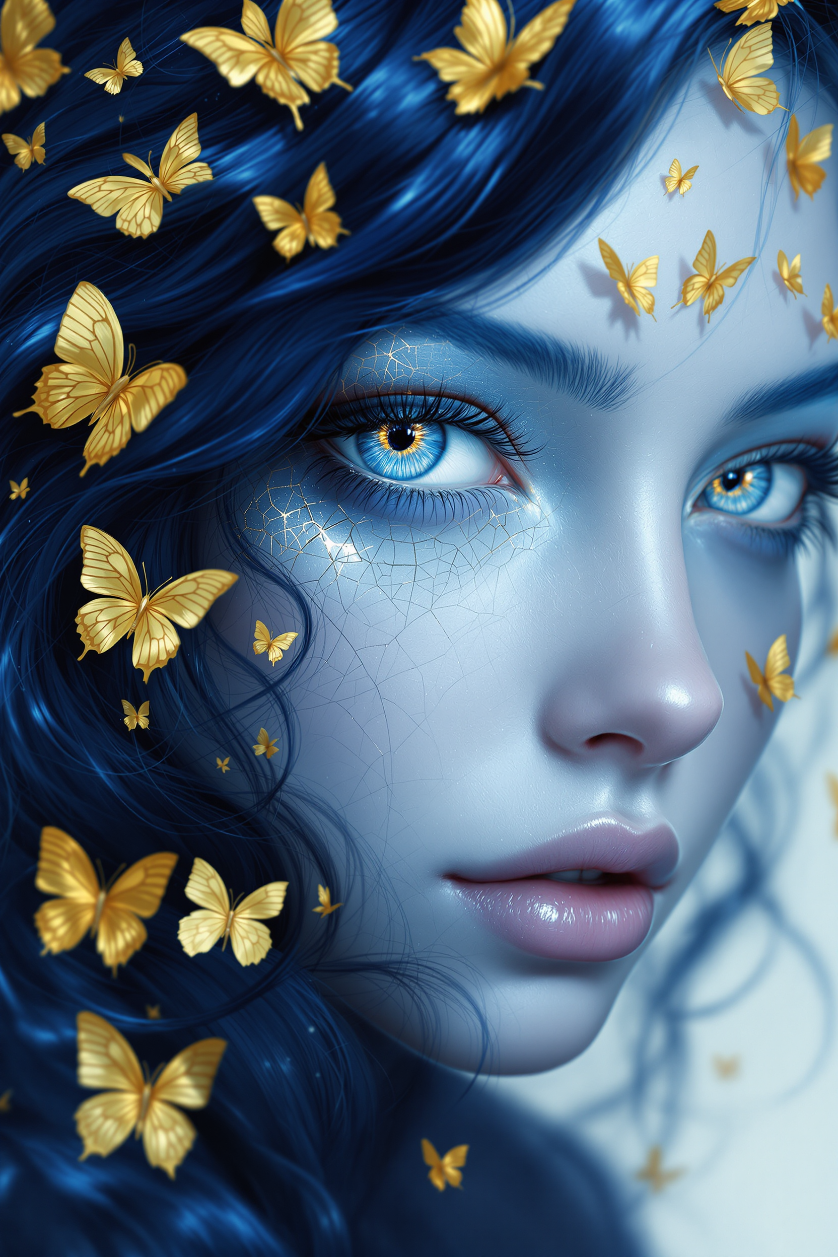 This image is a closeup, highresolution digital artwork that features a figure with a striking and detailed appearance. The art style is fantastical, with a focus on surrealism and digital painting techniques that create a threedimensional effect. The medium appears to be a digital painting, likely created using software such as Photoshop or a similar program.The figure in the image has piercing blue eyes that are the centerpiece of the composition. The eyes are detailed with a gradient of blues, giving them a depth and intensity that draws the viewer in. The irises are a vivid blue, and the sclera is a lighter blue, with a hint of white, which gives the eyes a realistic quality.The figures skin is a pale, almost translucent blue, with a crackled texture that resembles a shattered glass or a frosted surface. This texture is consistent across the entire face, and it gives the skin a sense of fragility and otherworldliness.The figures hair is a dark, almost black blue, with a glossy sheen that reflects light and gives it a realistic dimension. The hair is styled in loose waves and curls, with some strands gently framing the face and neck. The hair is adorned with golden butterflies and leaves, which add a touch of fantasy and whimsy to the overall aesthetic.The golden butterflies are intricately detailed, with wings that shimmer and catch the light. They are scattered throughout the hair, some resting on the strands and others in midflight, as if caught in a moment of transformation or flight. The butterflies are a bright gold, with a gradient effect that gives them a sense of depth and dimension.The leaves are also detailed and realistic, with veins and textures that suggest they are made of a translucent material. They are scattered throughout the hair, some overlapping and others standing alone, contributing to the overall sense of movement and life in the hair.The background of the image is a soft, neutral color palette, with a gradient of blues and grays that fades into white at the edges. This background serves to highlight the figure and the intricate details of the hair and butterflies, drawing the viewers focus to the central elements of the composition.Overall, the image is a stunning example of digital painting techniques, with a focus on surrealism and fantasy. The use of color, texture, and composition creates a visually compelling and immersive experience for the viewer.