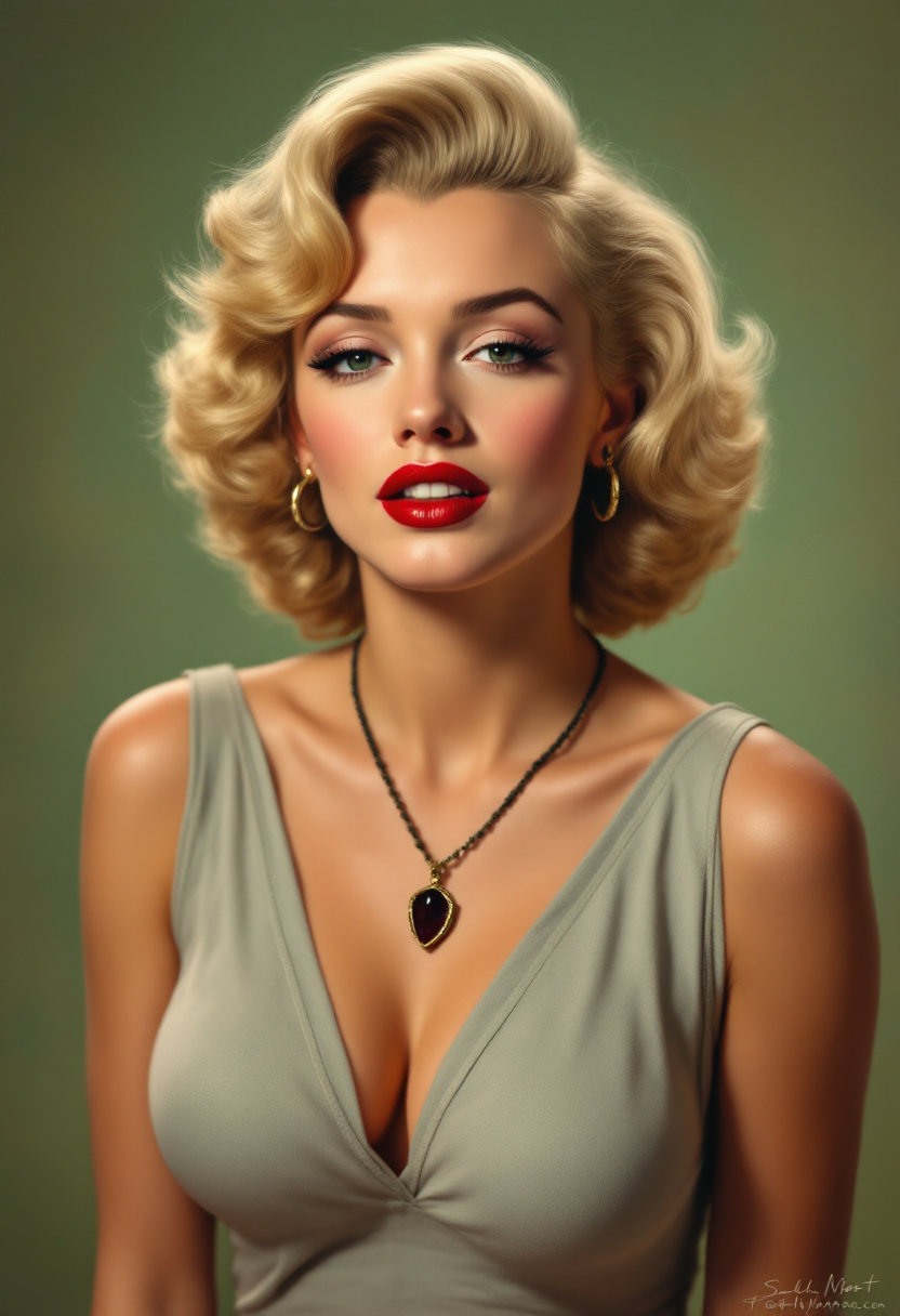 This is a digitally created image of "Marilyn Monroe" that exudes a vintage or retro art style, reminiscent of pinup art from the 1940s and 1950s. The medium appears to be a digital painting, given the smooth blending of colors and the lack of texture that might be present in a traditional painting.The colors in the image are rich and warm, with a predominance of earthy tones. The subjects skin is depicted in a soft, peachy hue, which contrasts with the deep, rich red of her lips. The background is a muted green, which suggests a forest or garden setting. The lighting in the image is soft and diffused, casting gentle shadows and highlights that give the subject a threedimensional form.The subject of the image is a woman with blonde hair styled in waves, reminiscent of the hairstyles popular in the mid20th century. She is wearing a sleeveless, vneck dress that has a subtle, textured pattern, giving the impression of a fabric with a slight sheen. Around her neck is a pendant necklace with a dark green stone, which stands out against her light skin tone.In the background, there are branches and leaves that suggest a natural setting, possibly a forest or a garden. Scattered throughout the branches are small, round, orange fruits, which could be berries or small apples. The fruits add a pop of color to the otherwise subdued palette of the image.Overall, the image has a dreamy, nostalgic quality, inviting the viewer to imagine a story set in a bygone era. The subjects confident pose and the romantic, bucolic setting evoke a sense of timeless beauty and allure.