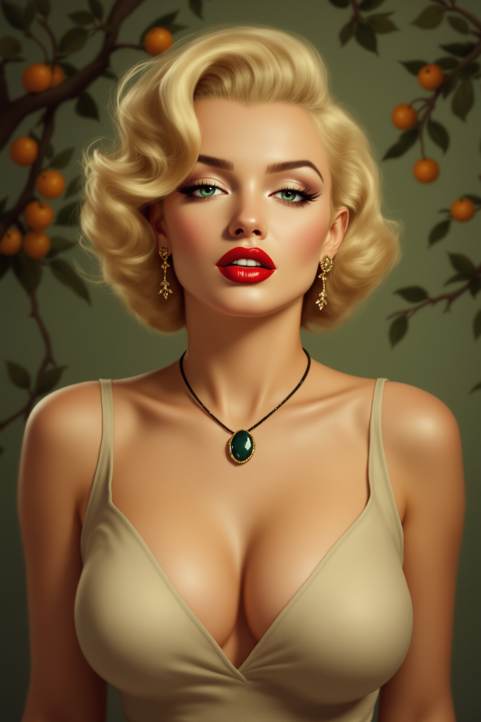 This is a digitally created image of "Marilyn Monroe" that exudes a vintage or retro art style, reminiscent of pinup art from the 1940s and 1950s. The medium appears to be a digital painting, given the smooth blending of colors and the lack of texture that might be present in a traditional painting.The colors in the image are rich and warm, with a predominance of earthy tones. The subjects skin is depicted in a soft, peachy hue, which contrasts with the deep, rich red of her lips. The background is a muted green, which suggests a forest or garden setting. The lighting in the image is soft and diffused, casting gentle shadows and highlights that give the subject a threedimensional form.The subject of the image is a woman with blonde hair styled in waves, reminiscent of the hairstyles popular in the mid20th century. She is wearing a sleeveless, vneck dress that has a subtle, textured pattern, giving the impression of a fabric with a slight sheen. Around her neck is a pendant necklace with a dark green stone, which stands out against her light skin tone.In the background, there are branches and leaves that suggest a natural setting, possibly a forest or a garden. Scattered throughout the branches are small, round, orange fruits, which could be berries or small apples. The fruits add a pop of color to the otherwise subdued palette of the image.Overall, the image has a dreamy, nostalgic quality, inviting the viewer to imagine a story set in a bygone era. The subjects confident pose and the romantic, bucolic setting evoke a sense of timeless beauty and allure.