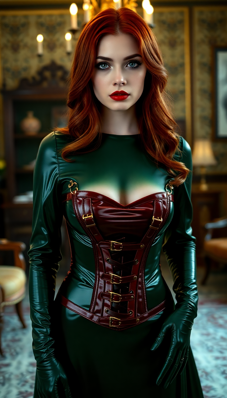 Tall early 20s, emerald eyes, heavy goth makeup. Blood red lips. Thick, heavy red hair falling past her shoulders. Dressed in a shiny emerald green latex evening gown with a shiny crimson latex corset decorated with straps and buckles. Wearing shiny emerald green latex gloves. Standing in a Victorian-era parlour