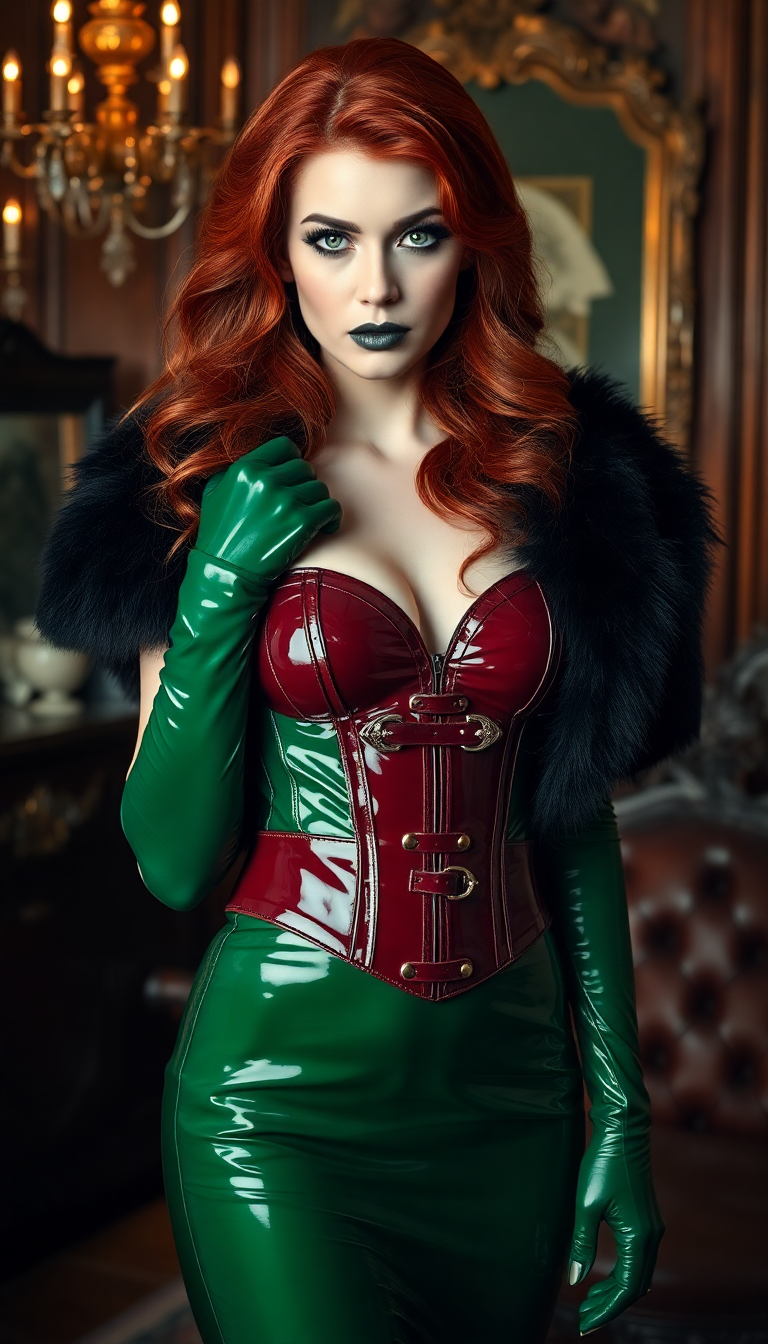 A striking portrait of a tall woman in her early 20s, with piercing emerald eyes that gleam with intensity, framed by heavy goth makeup featuring dramatic black eyeliner and smoky eyeshadow. Her shiny emerald lips stand out as a bold contrast against her pale complexion. Her thick, heavy red hair cascades past her shoulders in voluminous waves, catching the light with a fiery sheen. She is dressed in a stunning, shiny emerald green latex evening gown that hugs her figure, paired with a glossy crimson latex corset adorned with intricate straps and polished buckles, adding an edgy, rebellious flair. Her arms are clad in matching shiny emerald green latex gloves that extend to her elbows, reflecting subtle highlights. Draped over her shoulders is a luxurious, shiny black mink fur coat, its soft texture contrasting with the sleek latex. She stands confidently in a dimly lit Victorian-era parlour, surrounded by ornate, dark mahogany furniture, heavy velvet drapes in deep burgundy, and flickering candlelight casting warm, golden glows and long shadows across the room. The composition focuses on her as the central figure, captured from a slight low angle to emphasize her commanding presence, with the camera framing her against the intricate, vintage wallpaper of the parlour. The mood is dark, mysterious, and elegant, evoking a gothic romance aesthetic, with a haunting yet regal atmosphere reminiscent of a Tim Burton film or a 19th-century portrait painting. The lighting is soft and dramatic, with chiaroscuro effects highlighting the textures of the latex and fur, rendered in a cinematic, hyper-detailed style.