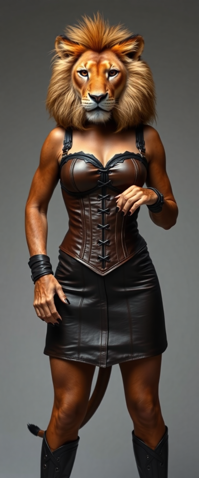 Anthropomorphic lioness, dressed in a victorian era tight leather dress and corset. 