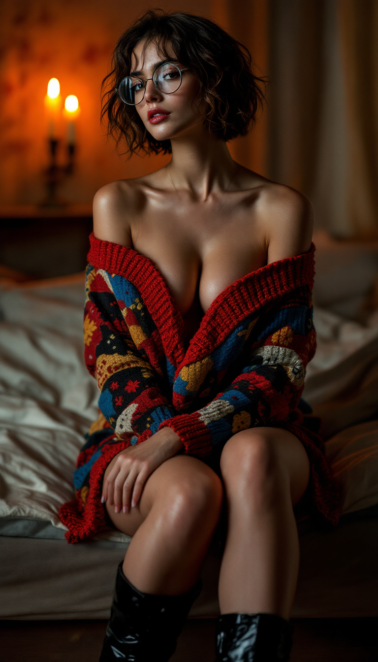 IMG_5678.CR2, back view, 23-year-old sexy, beautiful, very slim, and elegant woman with beautiful eyes, long legs, and perfect hands, posing in a sexy, expressive manner in her warm and cozy private bedroom at midnight by candlelight to impress and entice her boyfriend. She is wearing a colorfully patterned, oversized, off-the-shoulder wool sweater with a deep V-neck that ends just below her breasts. Her flat stomach shows the slightest hint of visible abs. She is wearing round, black-rimmed glasses, black thigh-high stockings, and high-heeled platform latex boots as a contrast. Front view. Her skin is slightly wet, shiny, as she has just come out of the shower. She is looking directly at the viewer. legs wide open, She has short, very curly brown hair. She is slim and has warm ambient light. A mixture of apparent innocence and pure temptation that the eye cannot resist. DSC full-frame 85mm f/3.5