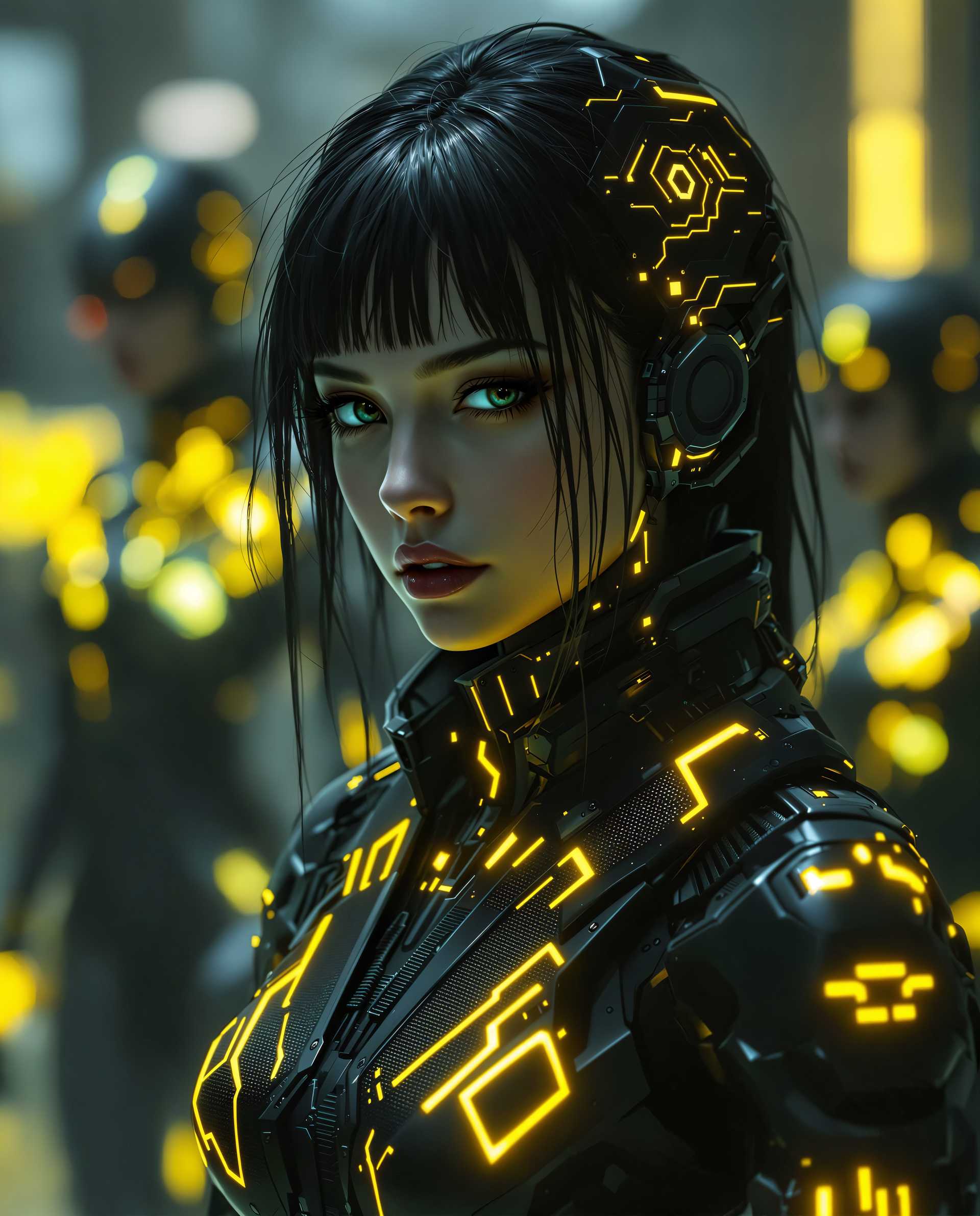 masterpiece, best quality, highres, sharp image, more detail <lora:more_details:0.5> <lora:SDXLrender_v2.0:1>, This image is a realistic photo (photograph) of a female real person digital artwork that presents a cyberpunk aesthetic, characterized by its futuristic and technological elements. The art style is highly detailed and realistic, with a focus on the intricate textures and lighting that give the image a threedimensional quality.The medium appears to be a digital painting, as evidenced by the smooth gradients, seamless blending of colors, and the absence of brush strokes. The use of lighting and shadow is masterful, creating a dramatic and moody atmosphere that is typical of cyberpunk imagery.The colors in the image are primarily dark and muted, with a few bright accents that stand out. The predominant colors are black, gray, and shades of yellow, which are illuminated by a neonlike glow. This contrast between the dark background and the bright, glowing elements adds to the overall futuristic and intense feel of the artwork.Objects in the image include a figure that is central to the composition. This figure is wearing a sleek, hightech outfit with glowing yellow elements that resemble circuitry or energy patterns. The outfit has a futuristic design, with sharp angles and metallic textures. The figures hair is dark and appears to be illuminated from within, giving it a translucent quality.In the background, there are other figures that are similarly outfitted in hightech gear, with glowing yellow elements on their clothing. These figures are blurred and appear to be moving, adding a sense of depth and dynamism to the scene.Overall, the image is a powerful representation of cyberpunk aesthetics, with its focus on technology, darkness, and the human form in a futuristic context. The use of lighting, color, and composition creates a compelling visual narrative that is both immersive and thoughtprovoking.