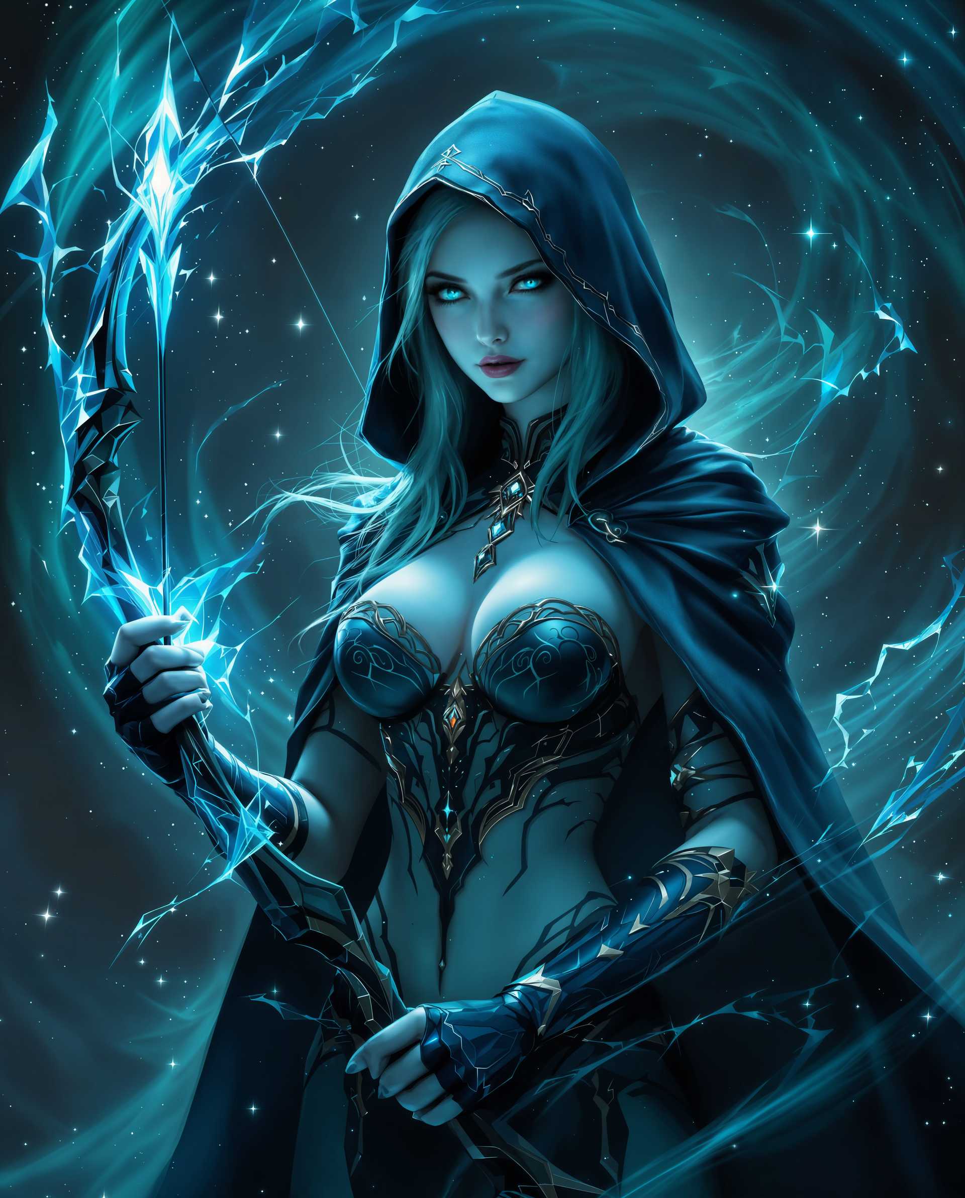 masterpiece, best quality, highres, sharp image, more detail <lora:more_details:0.5> <lora:SDXLrender_v2.0:1>, masterpiece, best quality, highres, sharp image, more detail, A stunning digital painting of a female character in a realistic setting, captured with a cinematic quality that emphasizes dramatic lighting and deep shadows for intense depth. She stands poised with a glowing bow and icy, translucent electric-blue arrow, emanating magical energy, set against a swirling dark background of blues and greens with sparkling particles enhancing the otherworldly atmosphere. Her pale, almost translucent skin contrasts with a detailed black hooded cloak, intricate bodice, gauntlets, and a matching pendant, all rendered in vibrant, cool tones with seamless gradients and a photorealistic 8K detail.