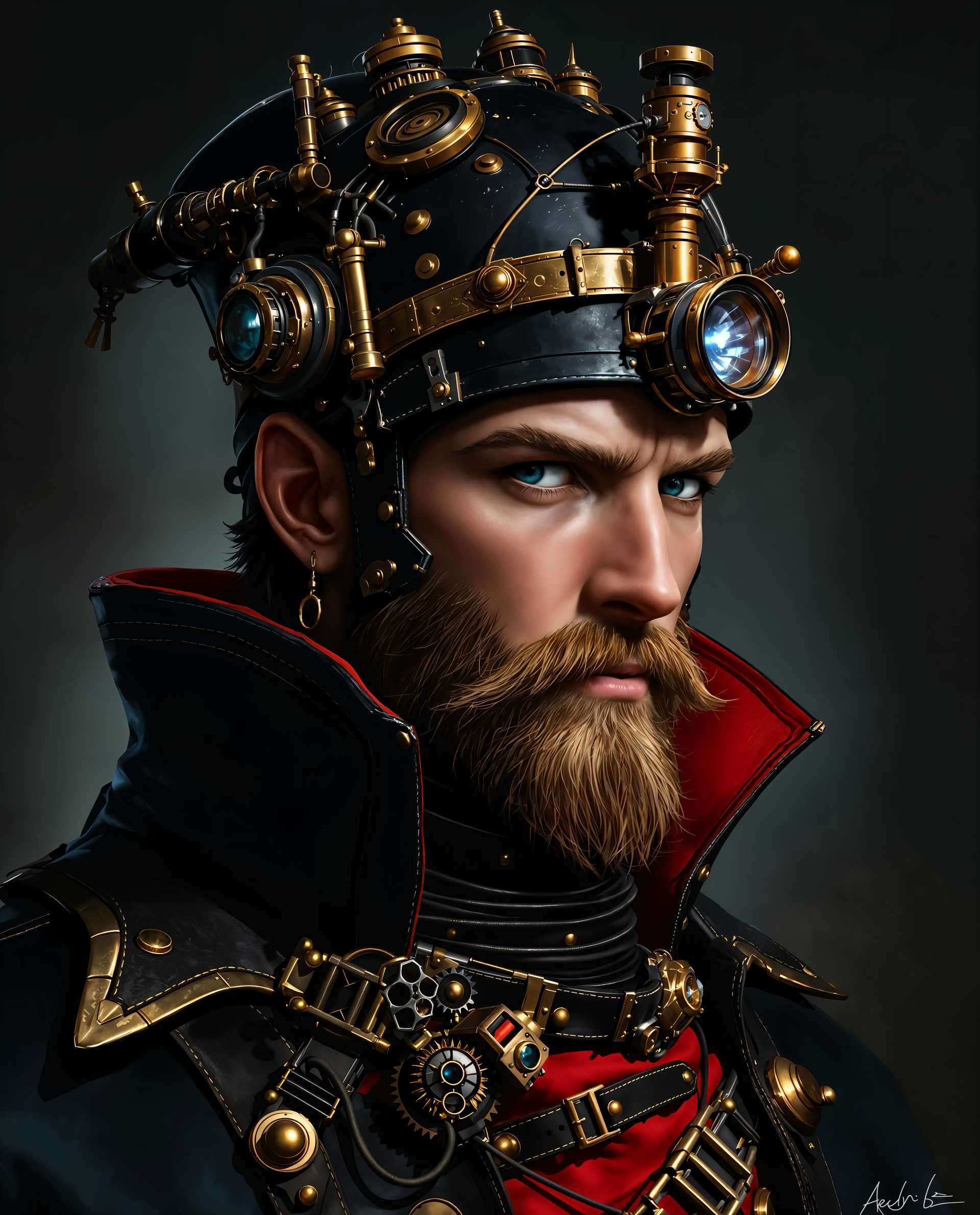 masterpiece, best quality, highres, sharp image, more detail <lora:more_details:0.5> <lora:SDXLrender_v2.0:1>, masterpiece, best quality, highres, sharp image, more detail, This image is a realistic photo (photograph) of a male real person closeup portrait of a character that appears to be from a fantasy or steampunk genre. The character is wearing a detailed, ornate headpiece that seems to be made of metal and leather, with various mechanical parts and gears attached to it. The headpiece has a dark, almost black color palette with gold and copper accents, and its adorned with what looks like a magnifying glass or telescope on the forehead, and a smaller, round device on the side.The character is also wearing a highcollared, dark coat with a red lining, which adds a touch of elegance to the overall steampunk aesthetic. The coat is detailed with gold trim and buttons, and there are various straps and buckles that secure it around the neck and waist.The art style of the image is highly detailed and realistic, with a focus on textures and lighting that give the image a threedimensional quality. The medium appears to be digital painting, given the smooth gradients and seamless blending of colors.The colors in the image are rich and varied, with a predominance of dark blues, blacks, and browns, punctuated by the gold and copper accents of the headpiece and coat. There are also splashes of red and white, which come from the characters beard and the light reflections on the metallic surfaces, respectively.Objects in the image include the characters headpiece, coat, and beard. The headpiece is the most prominent object, with its intricate design and mechanical parts drawing the eye. The coat adds to the steampunk theme, and the beard gives the character a rugged, masculine appearance.Overall, the image is a richly detailed and atmospheric portrayal of a steampunk fantasy character, with a focus on textures, lighting, and color contrasts that create a compelling and immersive visual experience.