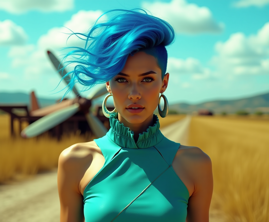 This image is a striking portrait of a person with a highly stylized and vibrant blue hairstyle that is captured in a dynamic state, with strands of hair flowing in the wind. The hair is a bright, almost neon blue, which stands out against the natural, earthy tones of the background.The subject is wearing a sleeveless, turquoise top with a high neckline and a collar that is slightly ruffled, giving a sense of movement or perhaps a breezy day. The top has a subtle, lighter turquoise design on the front, which is partially obscured by the subjects hair.The person is wearing a pair of hoop earrings with a gradient of colors, from a darker tone at the top to a lighter tone at the bottom, which adds a touch of elegance to the overall edgy style.The background of the image is a blurred landscape that suggests an outdoor setting, possibly a field or a rural area. There are hints of structures or buildings in the distance, and the presence of a propeller or a fan in the background, which could imply an abandoned or industrial site. The sky is partly cloudy, and the sunlight is casting a warm glow on the scene, highlighting the subjects hair and the textures of the clothing.The art style of the image is modern and possibly influenced by pop art, with a focus on bold colors and a clear, highcontrast composition. The medium appears to be digital photography, given the clarity and sharpness of the image, as well as the smooth blending of colors and the absence of brush strokes or other traditional painting techniques.