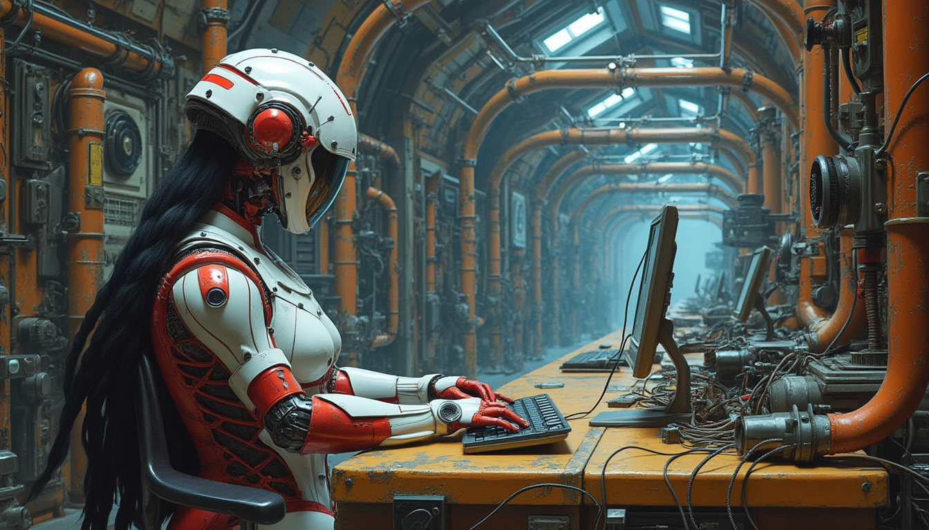 This image is a digital artwork that presents a scene rich in futuristic and mechanical elements. The art style is a blend of cyberpunk and steampunk, with a focus on intricate machinery and a sense of advanced technology. The medium appears to be a digital painting, given the smooth gradients and seamless blending of colors.The colors in the image are a mix of industrial and metallic tones, with a predominance of oranges, grays, and whites. These colors are complemented by touches of red and gold, which add a sense of warmth and contrast to the cool, mechanical palette. The lighting in the scene is artificial, with a blue hue that gives the image a slightly cold and clinical feel.The objects in the image are numerous and varied. In the foreground, we see a humanoid figure with a white and red mechanical body, sitting at a desk cluttered with mechanical parts and wires. The figure is wearing a white helmet with red detailing and a visor, and has long, black hair that flows down its back. Its hands are poised over a keyboard, suggesting that it is engaged in some form of digital or mechanical work.Behind the figure, the scene is filled with an array of mechanical devices and contraptions. These include pipes, gears, levers, and various control panels, all meticulously arranged in a seemingly endless corridor. The corridor itself is lined with these devices, creating a sense of depth and complexity. The overall effect is one of a hightech, industrial environment that feels both advanced and somewhat overwhelming.The textures in the image are varied, with smooth surfaces on the mechanical parts juxtaposed against rougher, more organic textures on the figures clothing and hair. The interplay of light and shadow adds to the threedimensional quality of the scene, giving the objects a sense of volume and weight.Overall, the image evokes a feeling of advanced technology and a future that is both exciting and perhaps a bit daunting. The attention to detail and the careful composition of the scene create a compelling and immersive visual experience.
