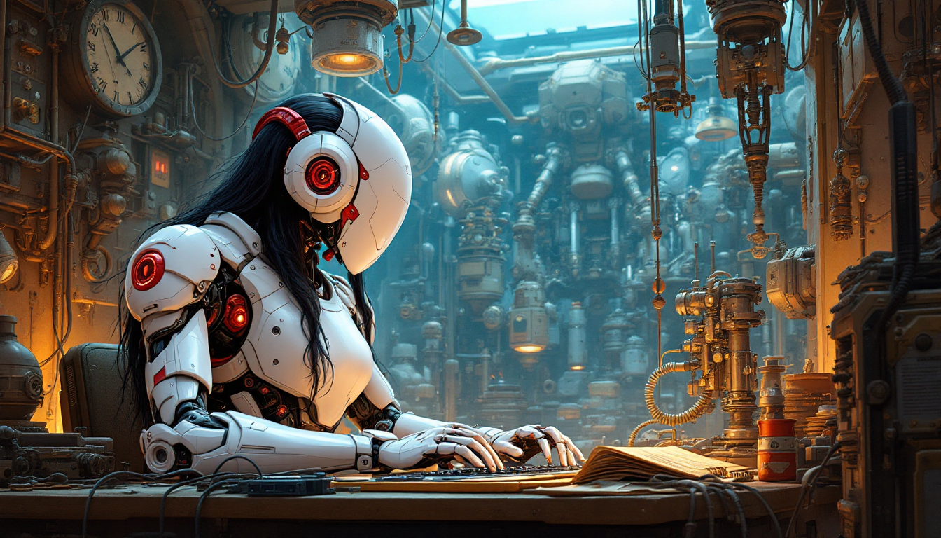 This image is a digital artwork that presents a scene rich in futuristic and mechanical elements. The art style is a blend of cyberpunk and steampunk, with a focus on intricate machinery and a sense of advanced technology. The medium appears to be a digital painting, given the smooth gradients and seamless blending of colors.The colors in the image are a mix of industrial and metallic tones, with a predominance of oranges, grays, and whites. These colors are complemented by touches of red and gold, which add a sense of warmth and contrast to the cool, mechanical palette. The lighting in the scene is artificial, with a blue hue that gives the image a slightly cold and clinical feel.The objects in the image are numerous and varied. In the foreground, we see a humanoid figure with a white and red mechanical body, sitting at a desk cluttered with mechanical parts and wires. The figure is wearing a white helmet with red detailing and a visor, and has long, black hair that flows down its back. Its hands are poised over a keyboard, suggesting that it is engaged in some form of digital or mechanical work.Behind the figure, the scene is filled with an array of mechanical devices and contraptions. These include pipes, gears, levers, and various control panels, all meticulously arranged in a seemingly endless corridor. The corridor itself is lined with these devices, creating a sense of depth and complexity. The overall effect is one of a hightech, industrial environment that feels both advanced and somewhat overwhelming.The textures in the image are varied, with smooth surfaces on the mechanical parts juxtaposed against rougher, more organic textures on the figures clothing and hair. The interplay of light and shadow adds to the threedimensional quality of the scene, giving the objects a sense of volume and weight.Overall, the image evokes a feeling of advanced technology and a future that is both exciting and perhaps a bit daunting. The attention to detail and the careful composition of the scene create a compelling and immersive visual experience.
