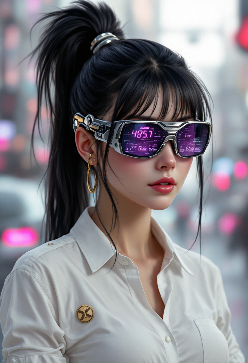 This image is a digital illustration that captures a closeup of a persons head and upper shoulders. The art style is highly detailed and realistic with a touch of cyberpunk influence, evident in the futuristic eyewear and the technological elements in the background. The medium appears to be digital painting, as suggested by the smooth blending of colors and the lack of texture that might be present in traditional mediums.The subject of the image is wearing a white shirt with a collar and a small, gold colored emblem on the left lapel. The shirt is buttoned up, and the sleeves are rolled up to the elbows, revealing the forearm. The persons hair is dark and pulled back into a high ponytail, secured with a metallic hair tie that matches the futuristic eyewear.The eyewear is a standout feature of the image. It is a pair of sunglasses with a high tech design that includes a mechanical arm that wraps around the head, seamlessly blending with the hair. The lenses of the glasses are tinted with a purple hue and reflect digital information, resembling a screen displaying text and numbers. The text reflects the phrase I see opportunities everywhere, which adds a motivational or optimistic tone to the image.The background is a blend of industrial and technological elements, with metallic and mechanical structures that suggest a setting within a futuristic cityscape or a high tech facility. The colors in the background are primarily cool tones of gray and silver, with touches of purple and blue from the eyewear, creating a cohesive and futuristic atmosphere.Overall, the image conveys a sense of advanced technology, optimism, and readiness for the future. The subjects confident and forward thinking demeanor, combined with the cyberpunk inspired elements, suggests a narrative of a person who is not only aware of the technological advancements around them but also actively seeking opportunities within this digital and interconnected world.
