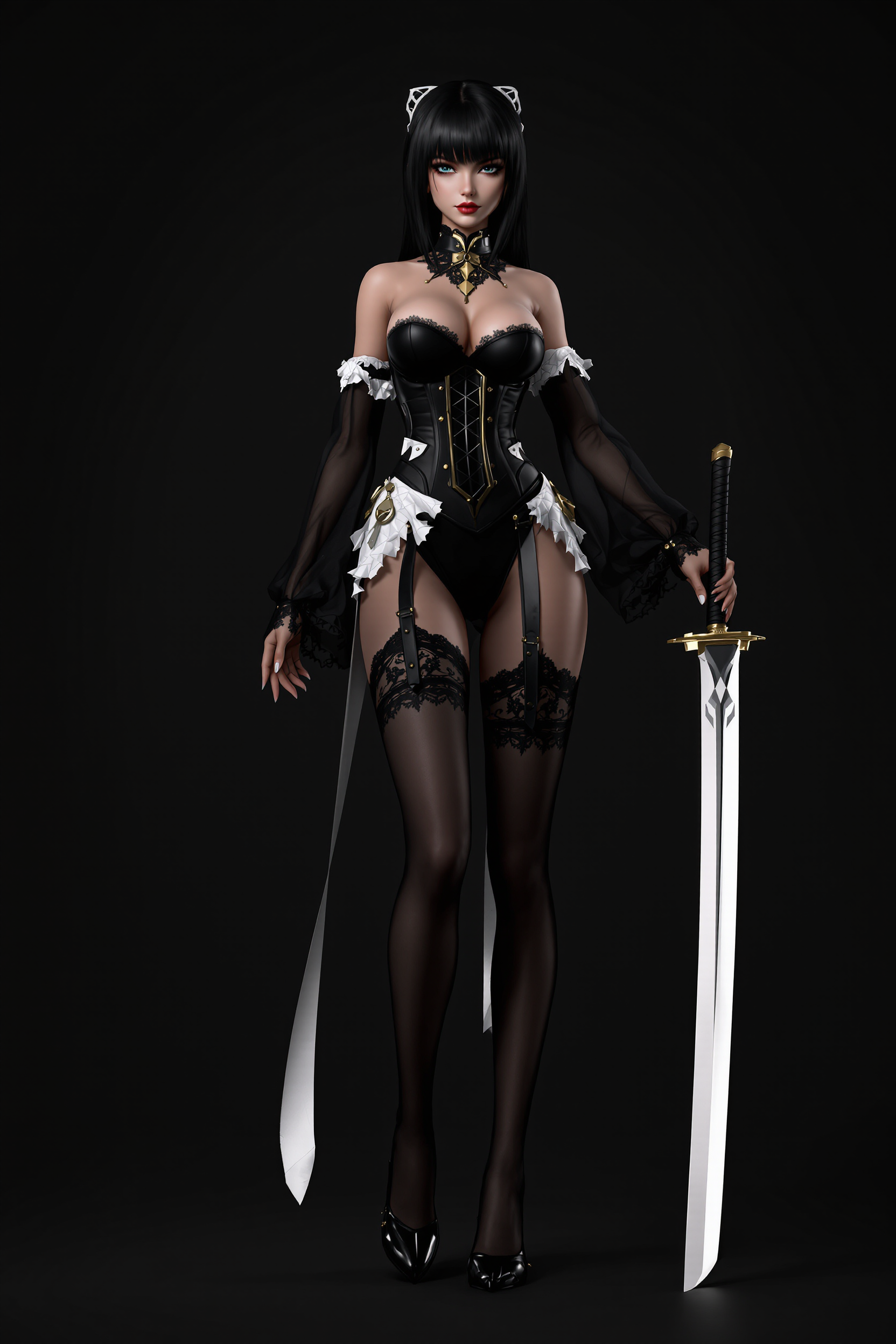 This image is a 3D rendered digital artwork, showcasing a character that appears to be a stylized female warrior. The art style is reminiscent of anime with a touch of fantasy, characterized by its nice proportions, smooth curves, and detailed textures.The medium is digital, as evidenced by the clean lines and the absence of brush strokes or traditional painting techniques. The lighting and shadows are well rendered, creating a realistic and dramatic effect.The colors in the image are primarily dark and muted, with a focus on black, white, and shades of gray. The characters outfit is predominantly black with some white and gold accents, which add a touch of contrast and highlight the details of the clothing. The stockings and undergarments are a translucent black, which adds a sense of depth and realism to the characters legs.The objects in the image include the characters outfit, which consists of a corset style bodice with lace detailing, long sleeves with sheer fabric, and a thigh high slit. The character is wearing thigh high stockings with lace detailing and black high heels. In her right hand, she holds a katana with a white blade and a black hilt, which is a common symbol of samurai warriors.The background is a solid dark gray, which serves to emphasize the character and the intricate details of her outfit and weapon. The lighting in the image is focused on the character, casting a soft shadow behind her and highlighting the textures of her clothing and the katana.Overall, the image exudes a sense of drama and intensity, with a strong emphasis on the characters readiness for battle and her confident, yet mysterious demeanor.