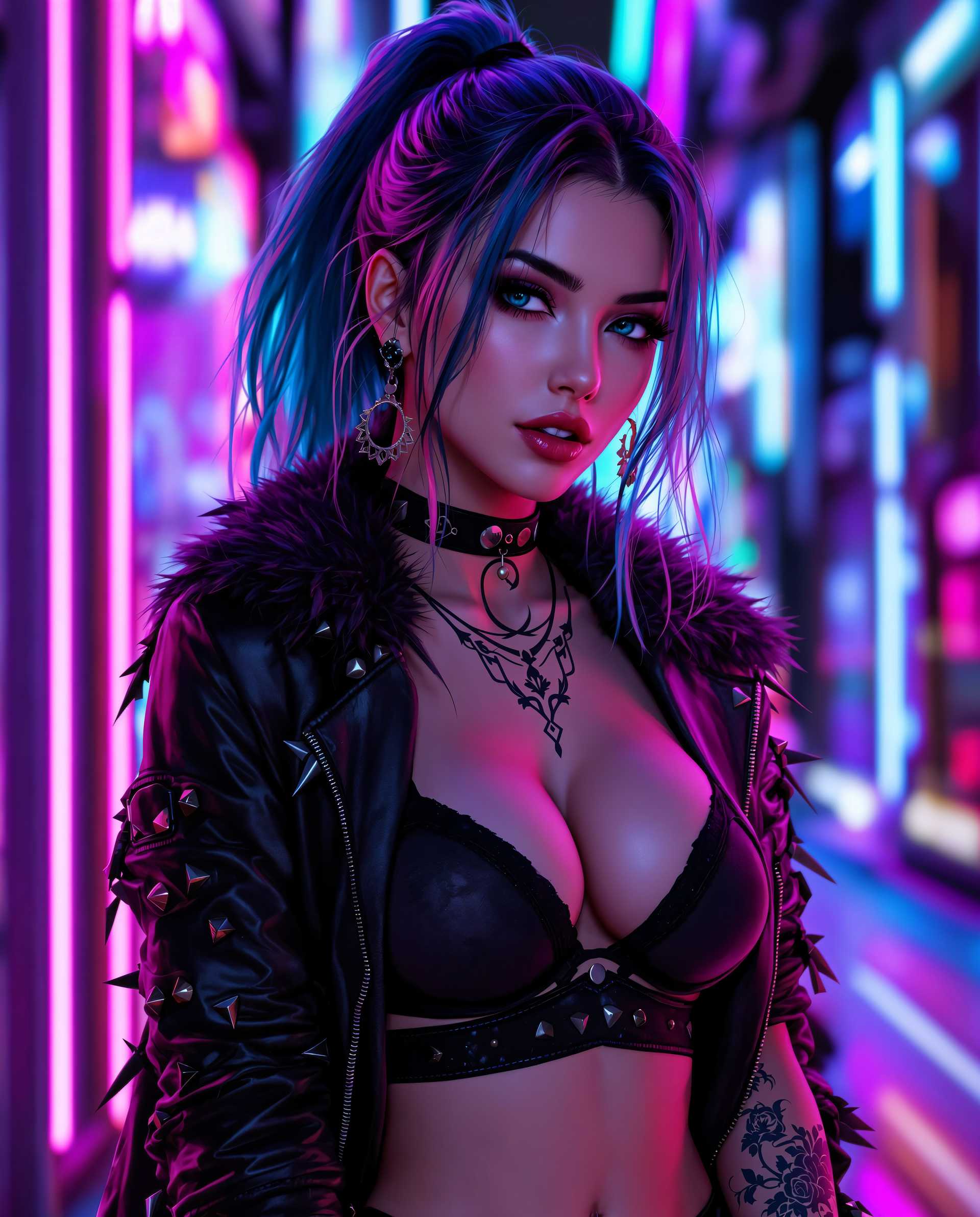 masterpiece, best quality, highres, sharp image, more detail <lora:more_details:0.5> <lora:SDXLrender_v2.0:1>, This image is a realistic photo (photograph) of a female real person digital artwork that exudes a cyberpunk vibe, with a focus on a character that is central to the composition. The art style is highly stylized and appears to be a blend of realistic and digital painting techniques, with a strong emphasis on the use of vibrant colors and lighting effects.The medium is digital painting, as evidenced by the smooth gradients and the lack of texture that would be present in traditional mediums like oil or acrylic paints. The image is rich in detail and texture, with a high level of resolution that allows for the intricate rendering of the characters hair, clothing, and tattoos.The colors in the image are bold and saturated, with a predominance of purples, blues, and pinks. These colors are complemented by the neonlike lighting effects that create a sense of depth and movement within the composition. The lighting is dynamic, with highlights and shadows that give the character a threedimensional form.The objects in the image are primarily focused on the characters attire and accessories. The character is wearing a black leather jacket with spikes and studs, which adds to the cyberpunk aesthetic. The jacket has a fur trim, which contrasts with the sleekness of the leather and adds a touch of softness to the otherwise hardedged look. The character is also wearing a black bra with a floral pattern, which adds a feminine element to the overall masculine outfit.The tattoos on the characters arms are intricate and detailed, with a mix of floral and geometric patterns. They are rendered in a monochromatic blue, which stands out against the skin tone and adds to the overall edgy feel of the image.The background of the image is a blur of neon lights and colors, with a sense of depth created by the layering of different hues. This background complements the character and adds to the overall atmosphere of the image, which is one of futuristic energy and vibrancy.