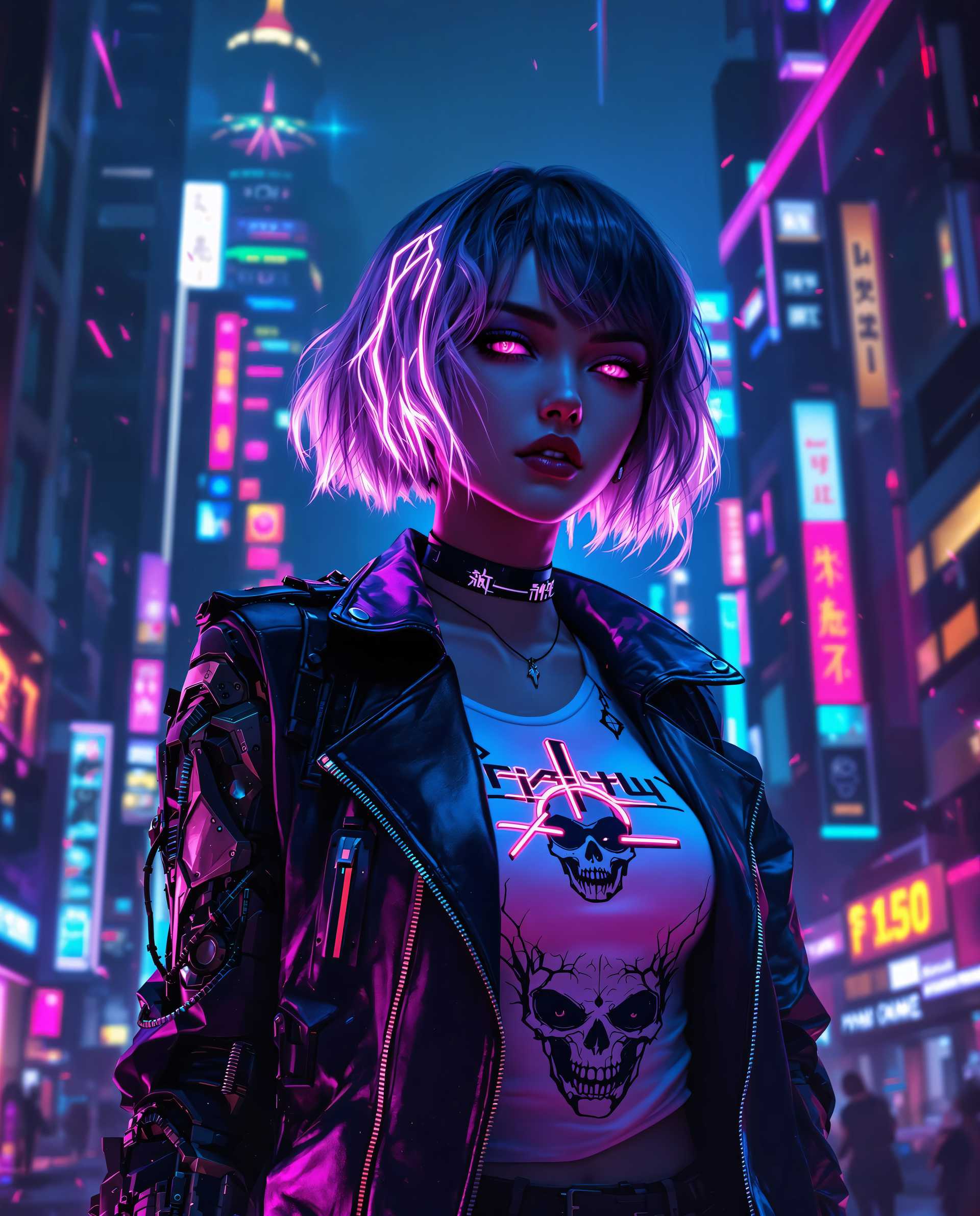 masterpiece, best quality, highres, sharp image, more detail <lora:more_details:0.5> <lora:SDXLrender_v2.0:1>, This image is a realistic photo (photograph) of a female real person digital artwork that captures a cyberpunk aesthetic, characterized by its futuristic and neonlit setting. The art style is highly detailed and realistic, with a focus on the textures and lighting that give the image a threedimensional quality.The medium appears to be a digital painting, utilizing advanced software to create the intricate details and vibrant colors. The image is rich in contrasts and highlights, with a dynamic interplay of light and shadow that adds depth and dimension.The colors in the image are predominantly purples, blues, and pinks, with neon accents that stand out against the darker background. These colors create a moody and atmospheric effect, evoking feelings of mystery and intrigue.The objects in the image are varied and contribute to the cyberpunk theme. The subject is a figure with short, wavy hair that glows with a neon pink hue, suggesting a cybernetic enhancement. The figure is wearing a black leather jacket with a high collar and a choker, which has a similar neon pink glow. The jacket is adorned with what appears to be Asian characters in a stylized font, adding to the cyberpunk vibe.Underneath the jacket, the figure is wearing a white tank top with a graphic design that resembles a skull or a face, contributing to the edgy and rebellious feel of the outfit. The figure also has a mechanical arm attached to its torso, with intricate gears and circuitry visible, further emphasizing the cybernetic aspect of the character.The background of the image is a neonlit cityscape, with towering skyscrapers and signs that emit a variety of colors, including red, blue, yellow, and green. The cityscape is bustling and chaotic, with streaks of light and particles floating through the air, creating a sense of energy and movement.Overall, the image is a compelling blend of futuristic technology, urban decay, and neon aesthetics, encapsulating the essence of cyberpunk in a visually stunning and thoughtprovoking way.