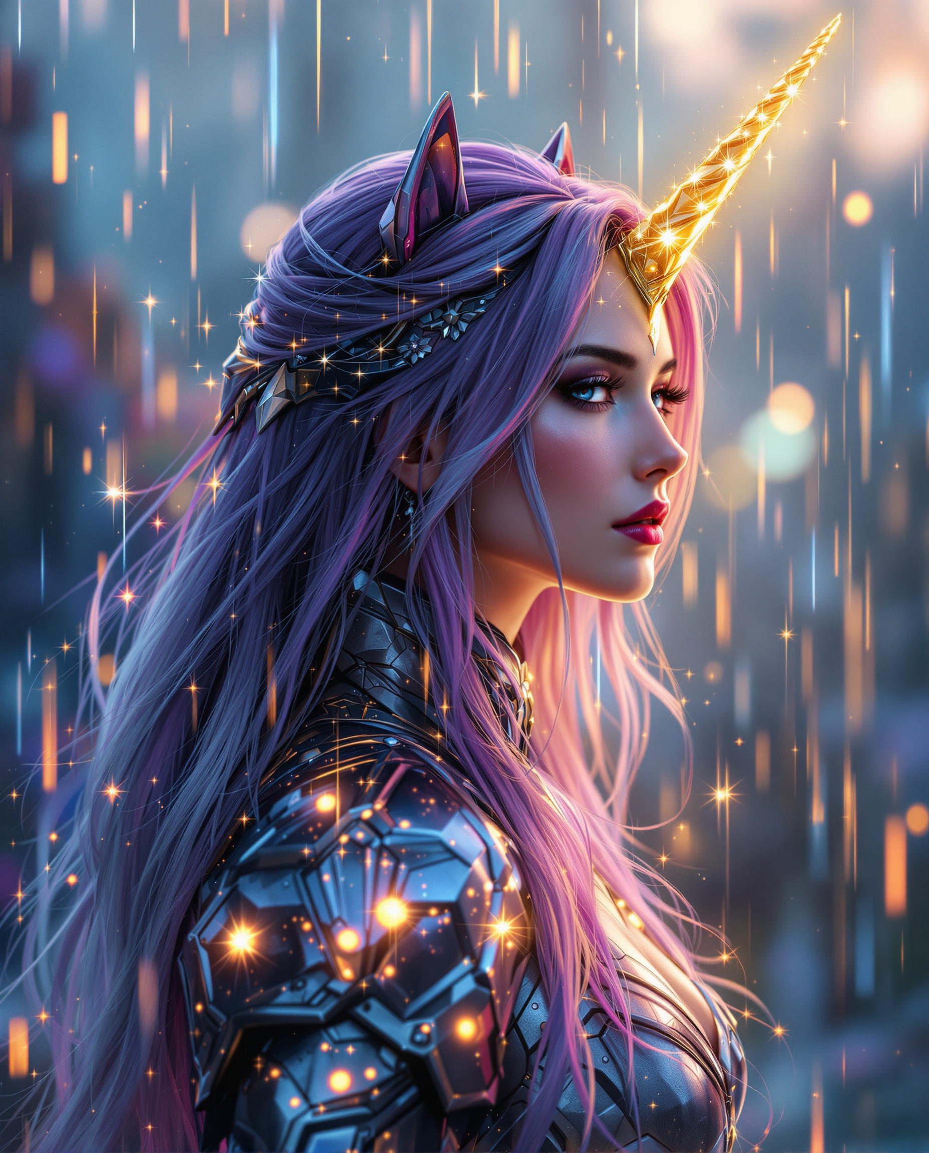 A breathtaking digital painting of a female figure in profile, embodying a fantasy and sci-fi aesthetic, captured with photorealistic precision. Her long, flowing hair shifts from deep purple to silvery tips, adorned with sparkling starlike embellishments, while a glowing golden unicorn horn on her forehead enhances her ethereal presence. She wears intricate metallic armor in purples, blues, silvers, and gold, illuminated from within, set against a blurred background of cascading raindrops in blues and purples, streaked with golden sunset light, reflecting off the armor for a magical, cinematic depth.