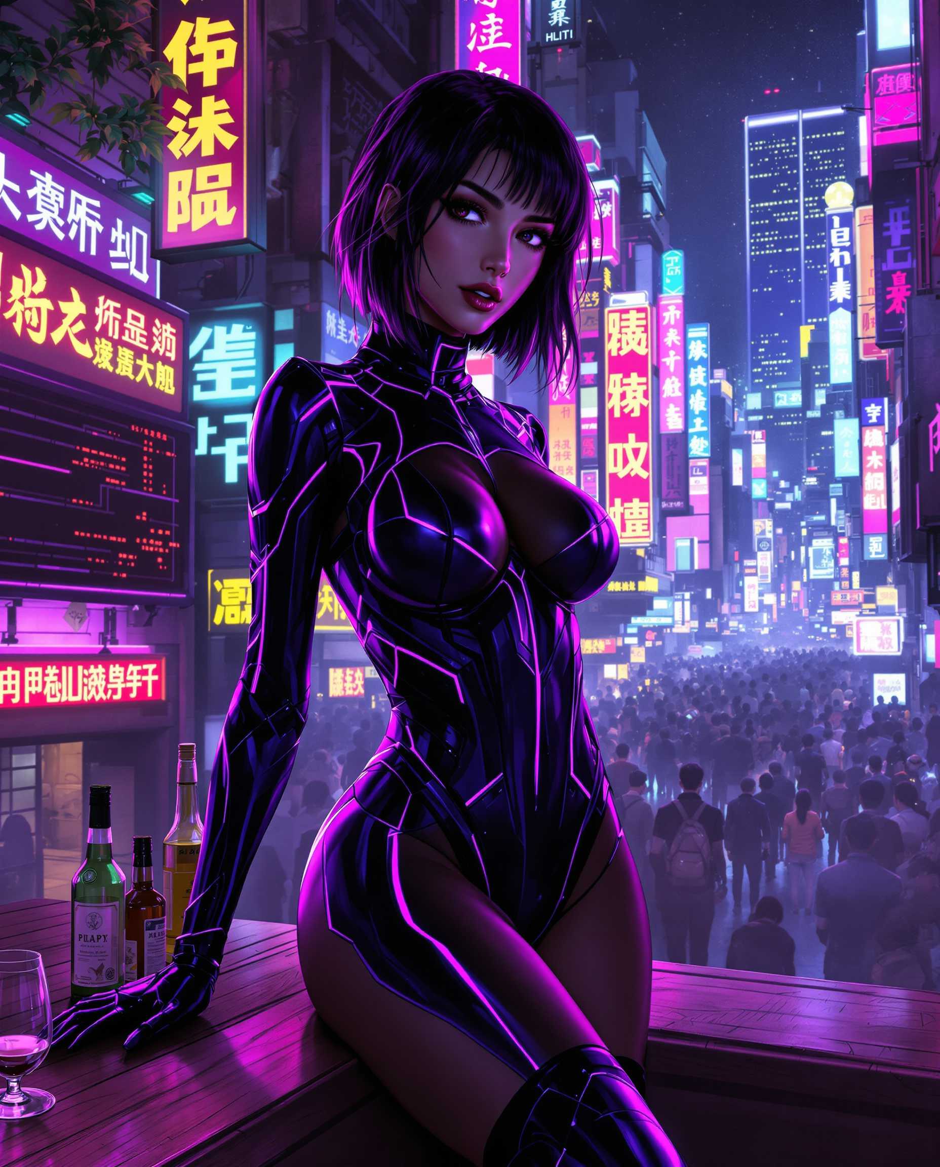 masterpiece, best quality, highres, sharp image, more detail, This image is a realistic photo (photograph) of a female real person digital artwork that captures a cyberpunk aesthetic, characterized by its futuristic, neonlit urban backdrop and the sleek, hightech attire of the central figure. The art style is realistic, with a focus on detailed line work and shading that gives the characters and objects a threedimensional appearance. The medium appears to be digital painting, as evidenced by the smooth gradients and seamless blending of colors. The image is rich in color, with a predominance of purples, blues, and neon pinks, which create a moody and atmospheric effect. The lighting in the scene is dynamic, with highlights and shadows that give depth to the characters and the cityscape.The central figure is a woman dressed in a tight, formfitting bodysuit with a high neckline and thighhigh boots. The bodysuit is primarily black with purple and blue accents, and it has a glossy finish that reflects the neon lights in the background. The suit has a futuristic design with angular lines and what appears to be holographic elements. The womans hair is dark and styled in a way that frames her face and falls over her shoulders.In the foreground, there is a bar counter with bottles of alcohol, a halffilled glass, and a cigarette, suggesting a setting that is perhaps a bar or a club. The counter is made of wood, and the grain pattern is visible, providing a contrast to the sleek, hightech elements of the womans outfit.The background is a bustling cityscape filled with neon signs, towering skyscrapers, and a crowd of people. The signs are in a mix of Chinese and English characters, indicating a multicultural or international setting. The city is alive with energy, and the neon lights cast a glow on the buildings and the figures in the crowd, creating a sense of vibrancy and motion.Overall, the image is a compelling blend of futuristic technology and urban nightlife, with a strong emphasis on the interplay between light, color, and form.