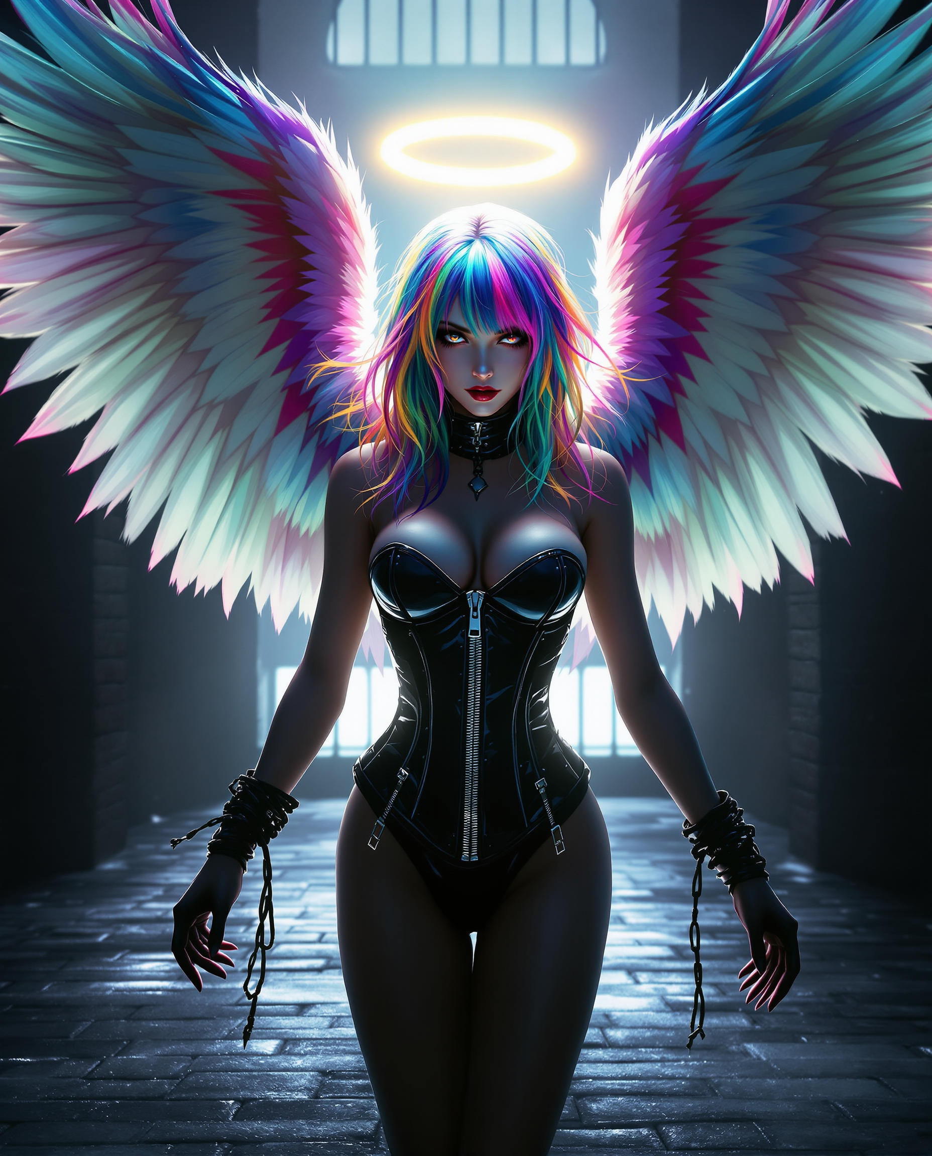 This image is a realistic photo (photograph) of a female real person digital artwork that features a central figure with angelic characteristics. The art style is highly stylized and appears to be a blend of fantasy and gothic elements, with a strong emphasis on the use of vibrant colors and dramatic lighting.The medium appears to be a digital painting, given the smooth gradients and the lack of texture that one might expect from traditional mediums like oil or acrylic paints. The image has a high level of detail, from the intricate feathers of the wings to the individual strands of hair.The colors in the image are rich and saturated, with a predominance of purples, blues, and pinks. These colors are complemented by the figures multicolored hair, which transitions from a deep blue at the roots to a vibrant pink at the tips, with streaks of yellow, green, and orange in between. The halo surrounding the figure is a soft, glowing white, which stands out against the darker background.The objects in the image include the figures wings, which are expansive and feathered, with a gradient of colors that match the hair. The wings are spread wide, creating a sense of freedom or perhaps a moment of defiance. The figure is wearing a tight, black corset with a metallic zipper that runs down the front. The corset is shiny and reflective, catching the light and adding to the overall dramatic effect of the image.The figures wrists are bound with what appears to be black rope or chain, tied into knots and secured behind her back. This adds to the sense of confinement or restraint that the image conveys.The background is dark and moody, with a brick wall and what seems to be a barred window or gate. The lighting in the scene is dramatic, with bright spots of light that highlight the figure and her wings, and deep shadows that envelop the rest of the scene. The reflection of the light on the wet floor adds to the sense of depth and realism in the image.Overall, the image is a powerful and emotive piece that plays with themes of freedom, confinement, and the contrast between light and darkness.