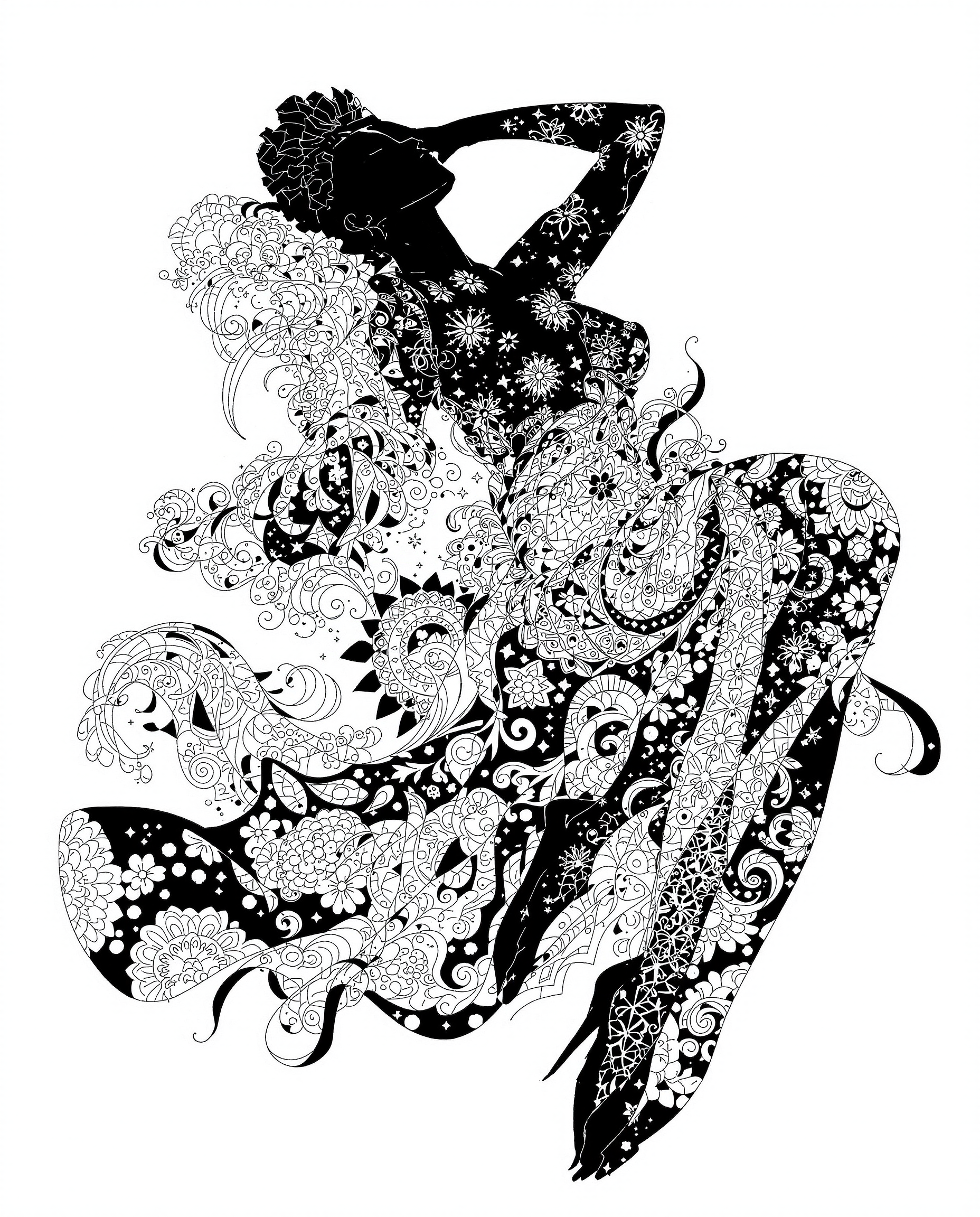 This image is a realistic photo (photograph) of a female real person striking and detailed illustration that features a reclining figure draped in an elaborate, ornate garment. The art style is reminiscent of Japanese manga or anime, with its clean lines, bold outlines, and a focus on the human form. The medium appears to be digital painting, given the smooth blending of colors and the lack of texture that might be present in traditional mediums like oil or watercolor.The colors in the image are primarily black and white, with a few accents of gray. The figure is predominantly black, with the white and gray patterns creating a stark contrast that emphasizes the intricate details of the garment. The background is a monochromatic white, which serves to highlight the figure and the elaborate patterns on her clothing.The figure is adorned with a complex array of patterns, including floral motifs, geometric shapes, and swirling designs. These patterns are symmetrically arranged across the figure, creating a sense of balance and harmony. The patterns are also repeated on the flowing fabric of her garment, which cascades around her in a way that suggests movement and fluidity.The figures pose is relaxed and languid, with one arm resting behind her head and the other extended to the side. Her legs are crossed, and her body is angled in a way that suggests comfort and ease. The overall composition of the image is static, yet theres a sense of motion and grace that is conveyed through the figures posture and the flowing lines of her garment.In summary, this image is a digital painting that features a reclining figure draped in an elaborate, ornate garment with intricate patterns. The art style is reminiscent of Japanese manga or anime, with a focus on the human form and a monochromatic color scheme of black, white, and gray. The patterns on the figure and her garment create a sense of balance and harmony, while the figures pose and the flowing lines of her garment convey a sense of motion and grace.