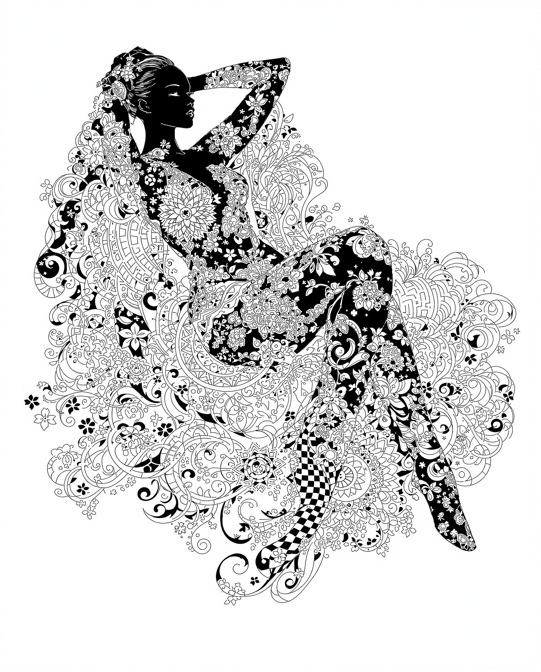 This image is a realistic photo (photograph) of a female real person striking and detailed illustration that features a reclining figure draped in an elaborate, ornate garment. The art style is reminiscent of Japanese manga or anime, with its clean lines, bold outlines, and a focus on the human form. The medium appears to be digital painting, given the smooth blending of colors and the lack of texture that might be present in traditional mediums like oil or watercolor.The colors in the image are primarily black and white, with a few accents of gray. The figure is predominantly black, with the white and gray patterns creating a stark contrast that emphasizes the intricate details of the garment. The background is a monochromatic white, which serves to highlight the figure and the elaborate patterns on her clothing.The figure is adorned with a complex array of patterns, including floral motifs, geometric shapes, and swirling designs. These patterns are symmetrically arranged across the figure, creating a sense of balance and harmony. The patterns are also repeated on the flowing fabric of her garment, which cascades around her in a way that suggests movement and fluidity.The figures pose is relaxed and languid, with one arm resting behind her head and the other extended to the side. Her legs are crossed, and her body is angled in a way that suggests comfort and ease. The overall composition of the image is static, yet theres a sense of motion and grace that is conveyed through the figures posture and the flowing lines of her garment.In summary, this image is a digital painting that features a reclining figure draped in an elaborate, ornate garment with intricate patterns. The art style is reminiscent of Japanese manga or anime, with a focus on the human form and a monochromatic color scheme of black, white, and gray. The patterns on the figure and her garment create a sense of balance and harmony, while the figures pose and the flowing lines of her garment convey a sense of motion and grace.