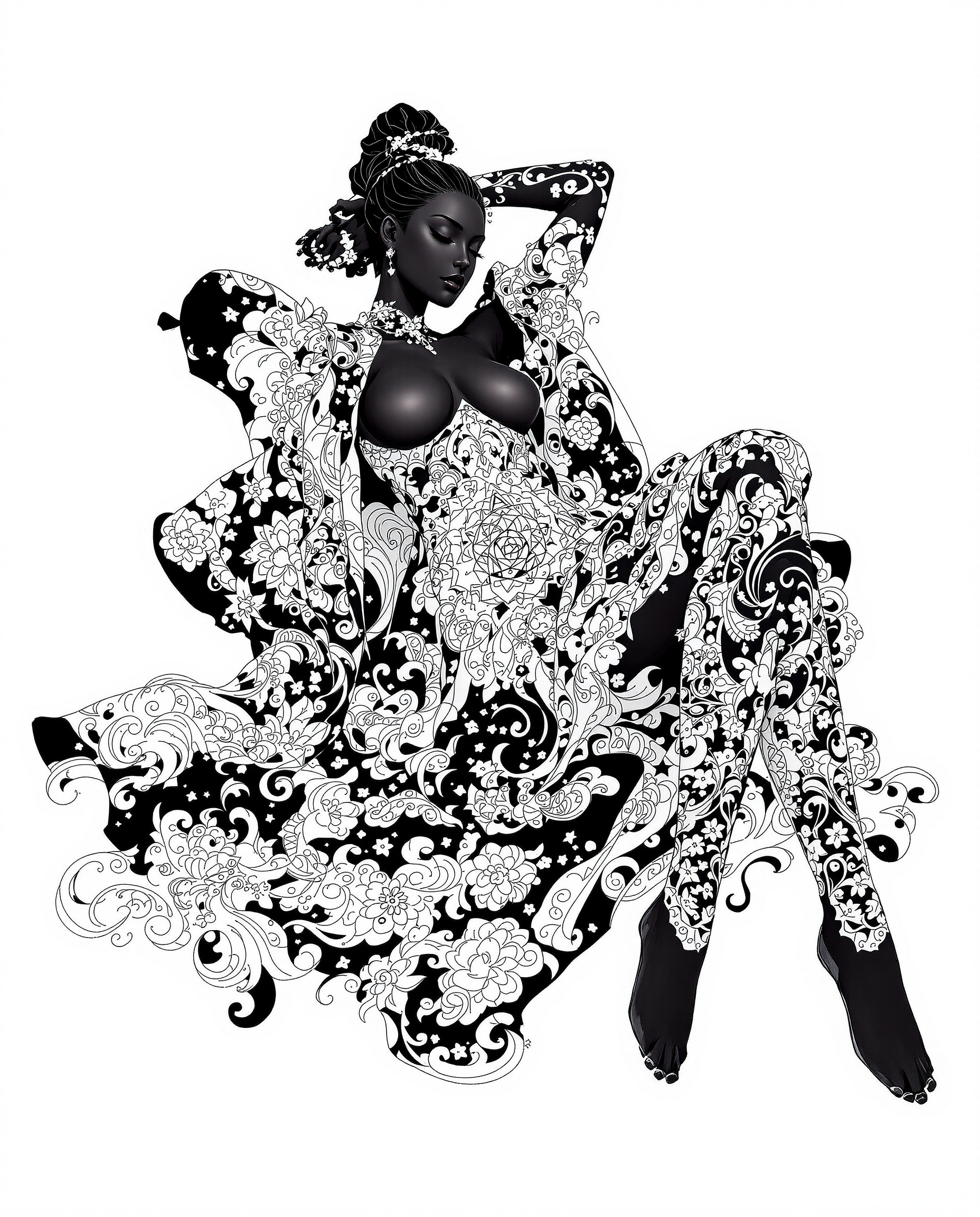 This image is a realistic photo (photograph) of a female real person striking and detailed illustration that features a reclining figure draped in an elaborate, ornate garment. The art style is reminiscent of Japanese manga or anime, with its clean lines, bold outlines, and a focus on the human form. The medium appears to be digital painting, given the smooth blending of colors and the lack of texture that might be present in traditional mediums like oil or watercolor.The colors in the image are primarily black and white, with a few accents of gray. The figure is predominantly black, with the white and gray patterns creating a stark contrast that emphasizes the intricate details of the garment. The background is a monochromatic white, which serves to highlight the figure and the elaborate patterns on her clothing.The figure is adorned with a complex array of patterns, including floral motifs, geometric shapes, and swirling designs. These patterns are symmetrically arranged across the figure, creating a sense of balance and harmony. The patterns are also repeated on the flowing fabric of her garment, which cascades around her in a way that suggests movement and fluidity.The figures pose is relaxed and languid, with one arm resting behind her head and the other extended to the side. Her legs are crossed, and her body is angled in a way that suggests comfort and ease. The overall composition of the image is static, yet theres a sense of motion and grace that is conveyed through the figures posture and the flowing lines of her garment.In summary, this image is a digital painting that features a reclining figure draped in an elaborate, ornate garment with intricate patterns. The art style is reminiscent of Japanese manga or anime, with a focus on the human form and a monochromatic color scheme of black, white, and gray. The patterns on the figure and her garment create a sense of balance and harmony, while the figures pose and the flowing lines of her garment convey a sense of motion and grace.