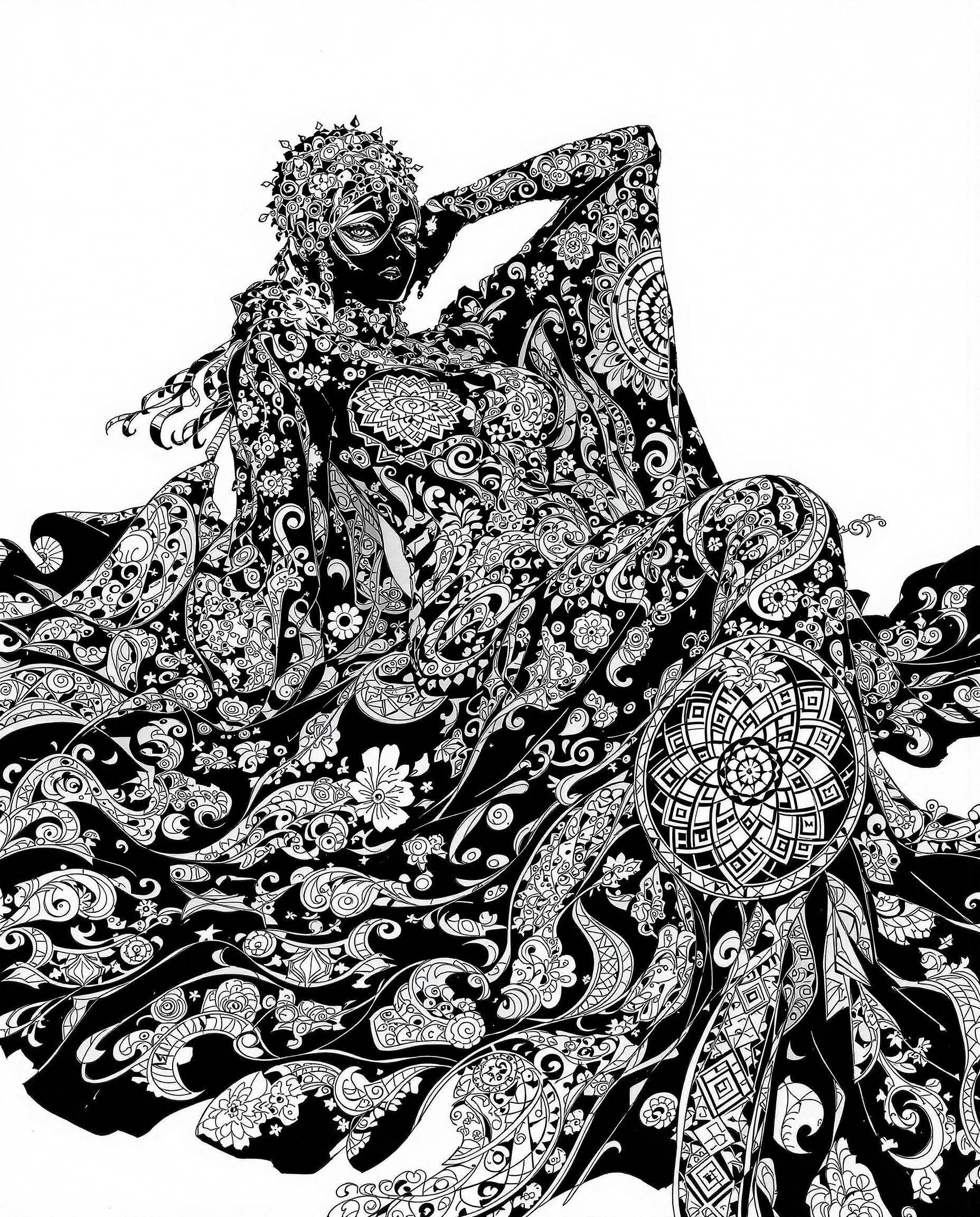 This image is a realistic photo (photograph) of a female real person striking and detailed illustration that features a reclining figure draped in an elaborate, ornate garment. The art style is reminiscent of Japanese manga or anime, with its clean lines, bold outlines, and a focus on the human form. The medium appears to be digital painting, given the smooth blending of colors and the lack of texture that might be present in traditional mediums like oil or watercolor.The colors in the image are primarily black and white, with a few accents of gray. The figure is predominantly black, with the white and gray patterns creating a stark contrast that emphasizes the intricate details of the garment. The background is a monochromatic white, which serves to highlight the figure and the elaborate patterns on her clothing.The figure is adorned with a complex array of patterns, including floral motifs, geometric shapes, and swirling designs. These patterns are symmetrically arranged across the figure, creating a sense of balance and harmony. The patterns are also repeated on the flowing fabric of her garment, which cascades around her in a way that suggests movement and fluidity.The figures pose is relaxed and languid, with one arm resting behind her head and the other extended to the side. Her legs are crossed, and her body is angled in a way that suggests comfort and ease. The overall composition of the image is static, yet theres a sense of motion and grace that is conveyed through the figures posture and the flowing lines of her garment.In summary, this image is a digital painting that features a reclining figure draped in an elaborate, ornate garment with intricate patterns. The art style is reminiscent of Japanese manga or anime, with a focus on the human form and a monochromatic color scheme of black, white, and gray. The patterns on the figure and her garment create a sense of balance and harmony, while the figures pose and the flowing lines of her garment convey a sense of motion and grace.