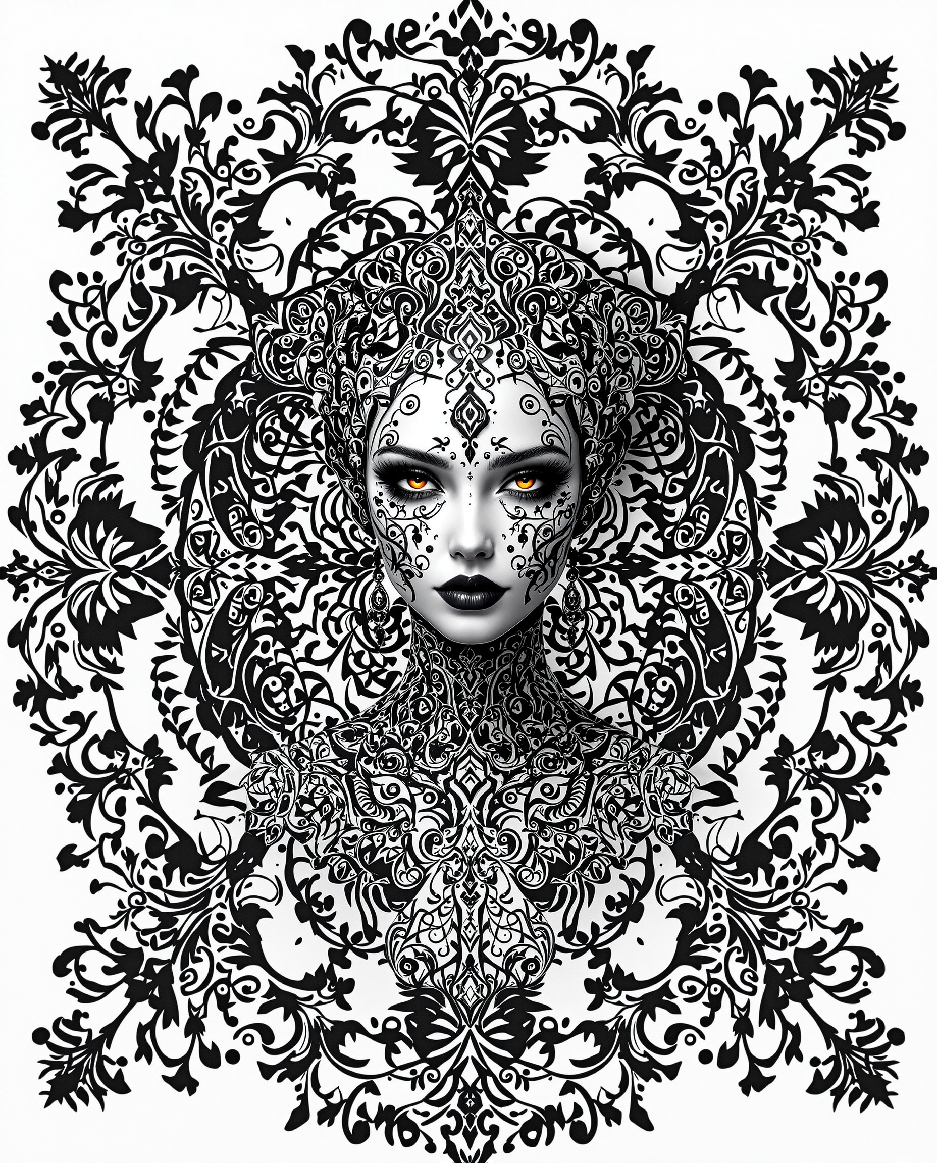 This image is a realistic photo (photograph) of a female real person striking example of digital art, with a focus on composition, lighting, and style that come together. CompositionThe composition is centered around a figure that is the focal point of the image. The figure is adorned with elaborate patterns and is the subject of the intricate designs that surround it. The patterns are symmetrical and repetitive, creating a sense of order and balance. The figure is positioned in a way that it is the central element, with the ornate patterns radiating outward, drawing the viewers eye from the figure to the background. The use of negative space is also a key element in the composition, as the white background allows the black and white patterns to stand out, creating a stark contrast that draws attention.LightingThe lighting in the image is dramatic and moody, with a focus on shadows and highlights that give depth and dimension to the piece. The lighting accentuates the textures and patterns on the figure and the background, creating a sense of three dimensionality. The lighting also adds to the overall atmosphere of the image, which is one of mystery and elegance.Style The style of the artwork is realistic, with a focus on detailed line work and shading that gives the piece a lifelike quality. The use of black and white color scheme adds to the dramatic and intense feel of the artwork, while the intricate patterns and designs give it a sense of complexity and depth. The overall style of the artwork is one that is both visually striking and thematically rich, inviting viewers to ponder the meaning behind the imagery.